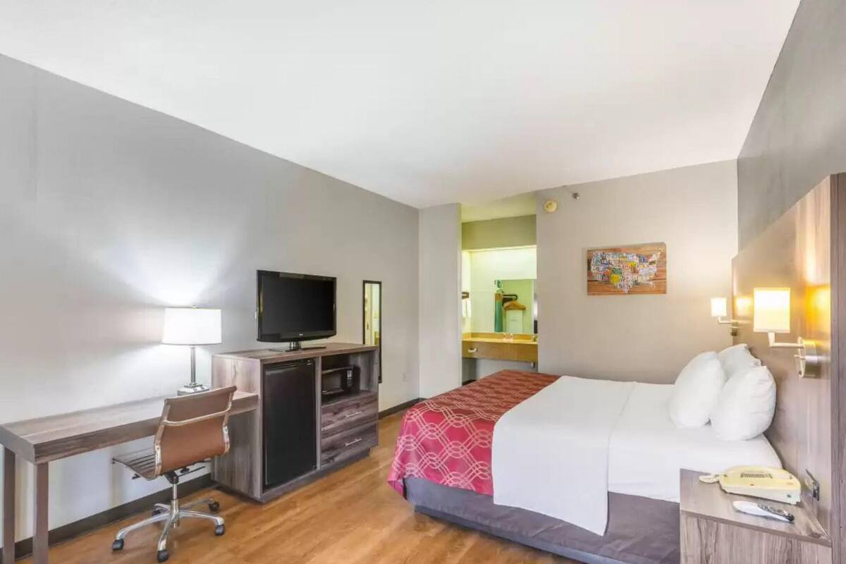 A hotel room with a bed, a desk with a chair, a television, and a mirror.