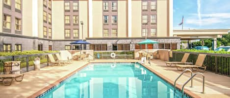 Outdoor pool, pool umbrellas, pool loungers
