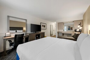 Habitación de hotel con cama, escritorio, silla, televisión y un espejo grande.
