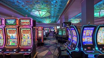 Experience the excitement of the casino floor, where slot machines and intricate geometric patterns come together in a vibrant atmosphere.