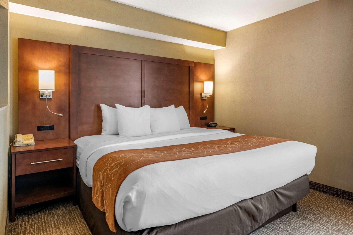 A hotel room with a large bed, two bedside tables, a nightstand, and two wall-mounted lamps.