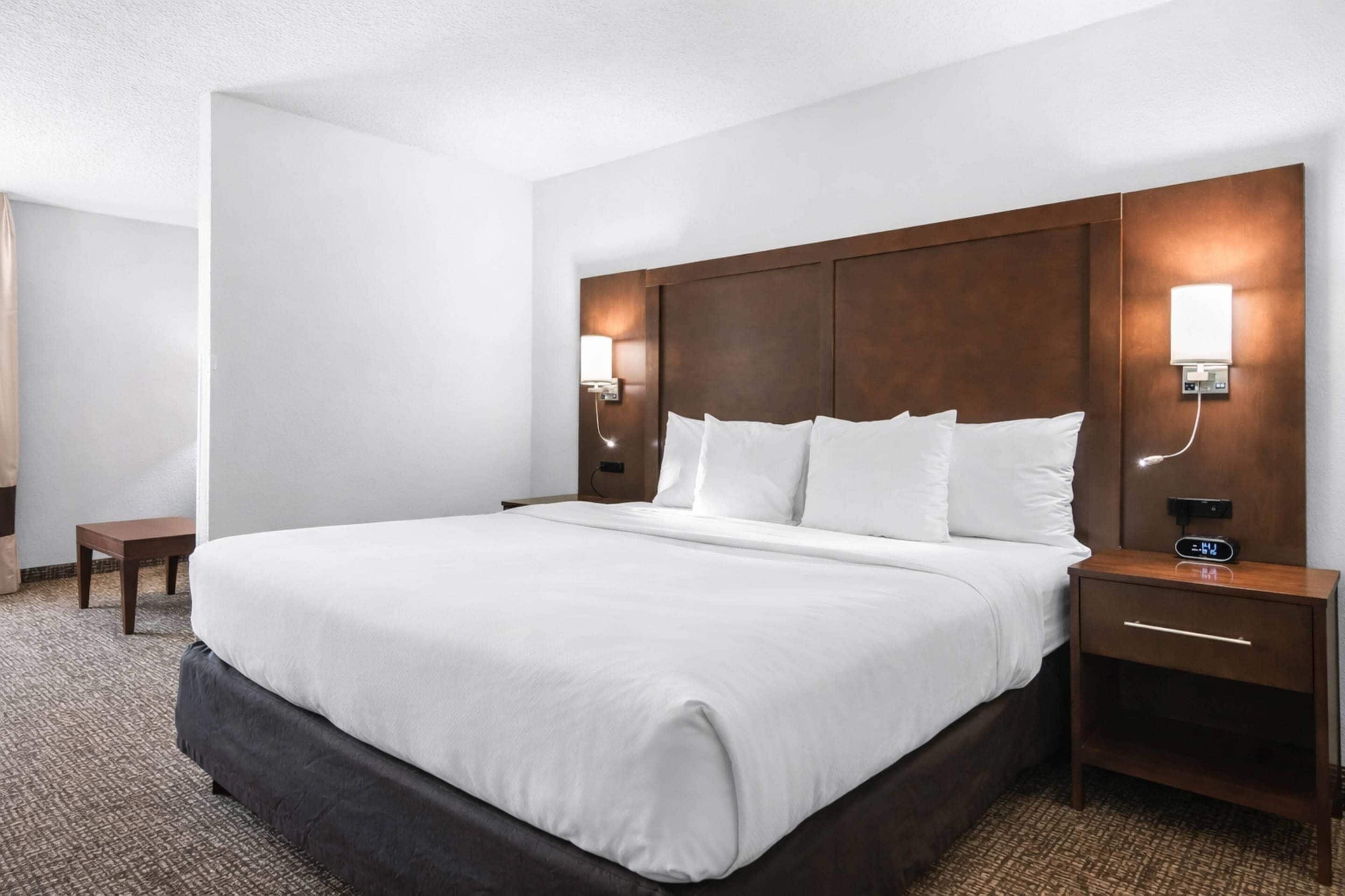 Habitación de hotel con una cama grande, cabecera de madera, mesitas de noche con lámparas y suelo alfombrado.