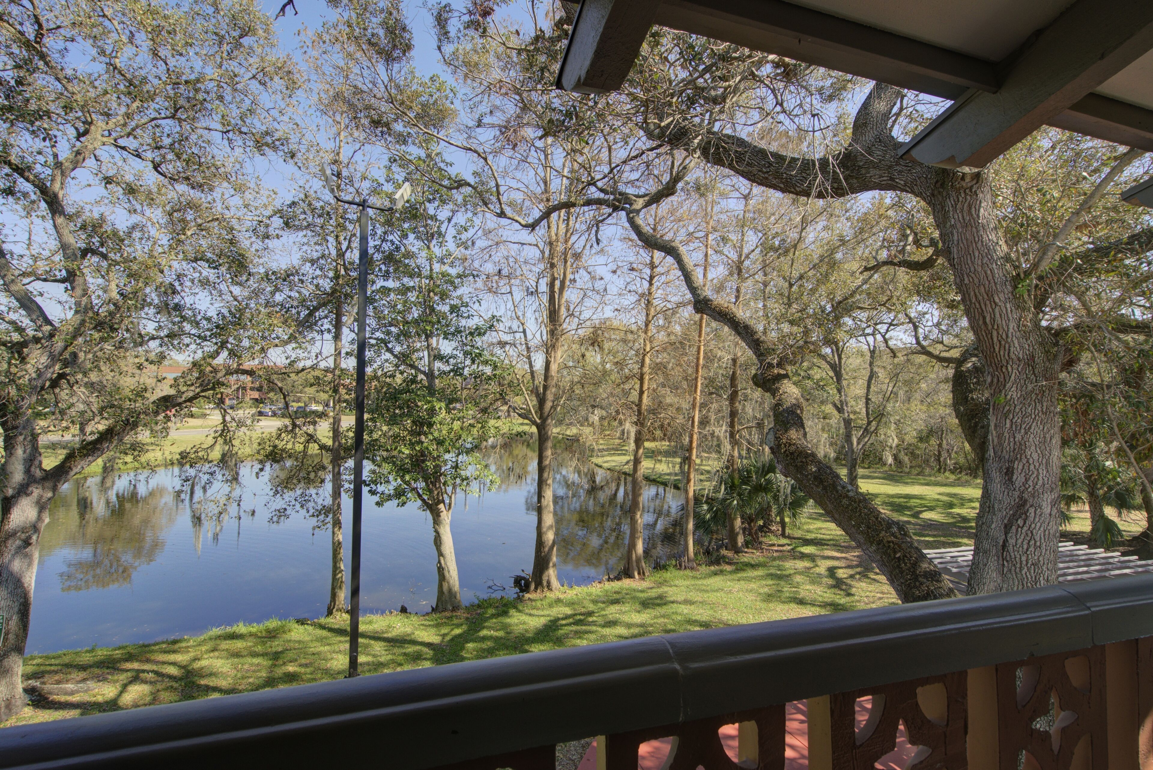 A view from a covered area overlooking a pond surrounded by trees.