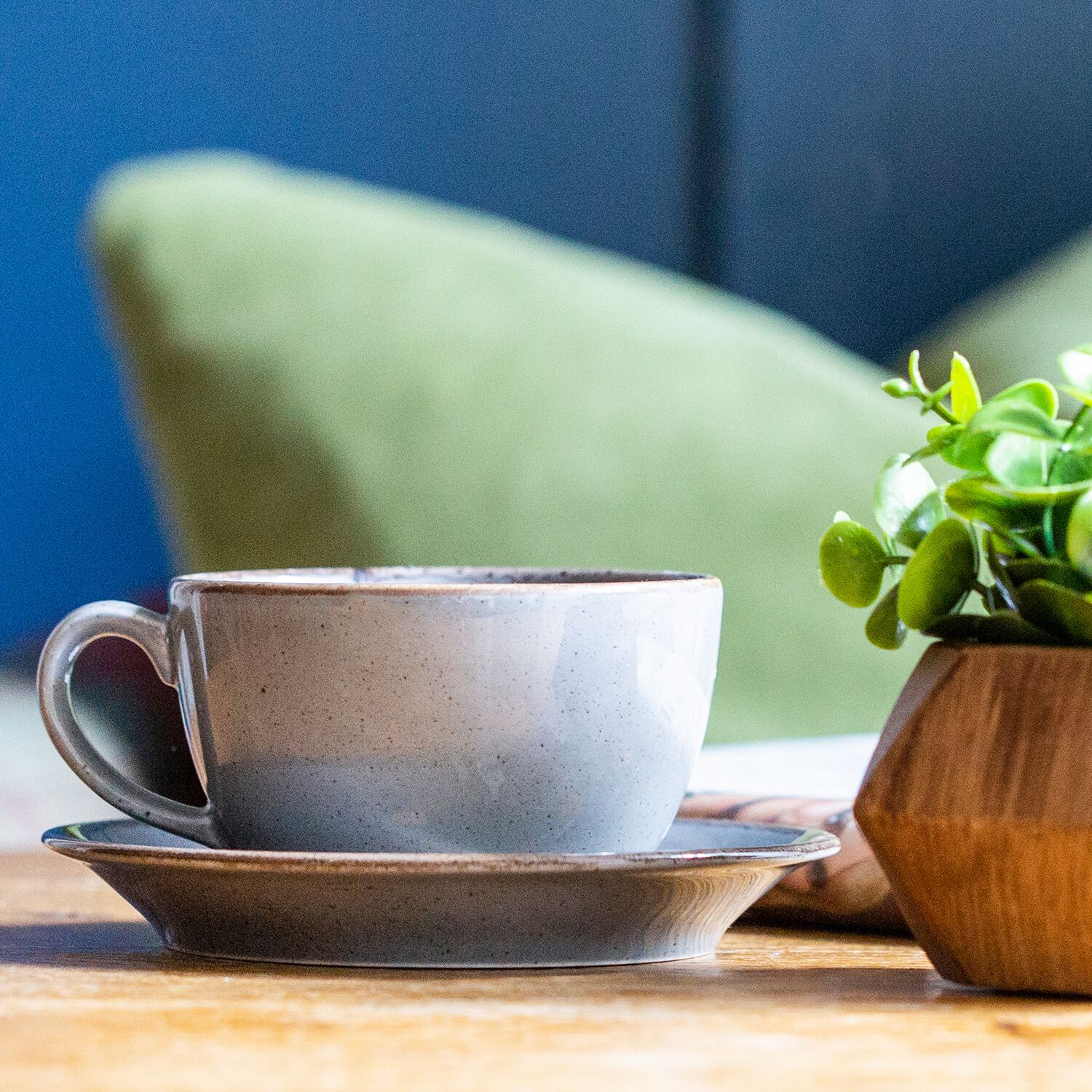 A ceramic cup and saucer on a wooden table with a green plant in a wooden pot.