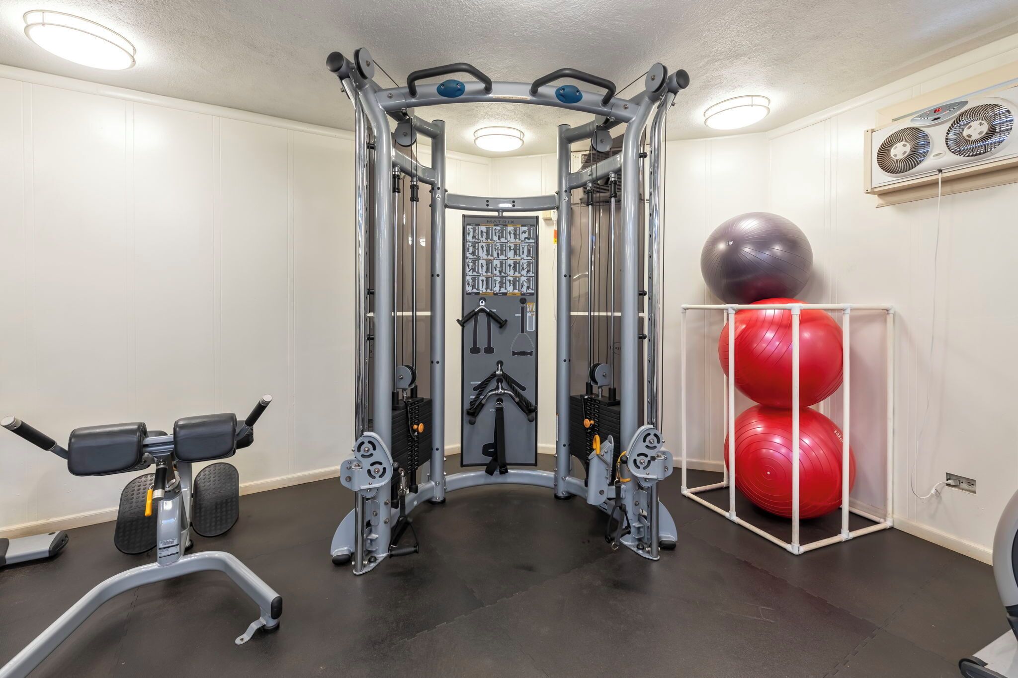 A gym with a squat rack, cable machine, and red exercise balls.