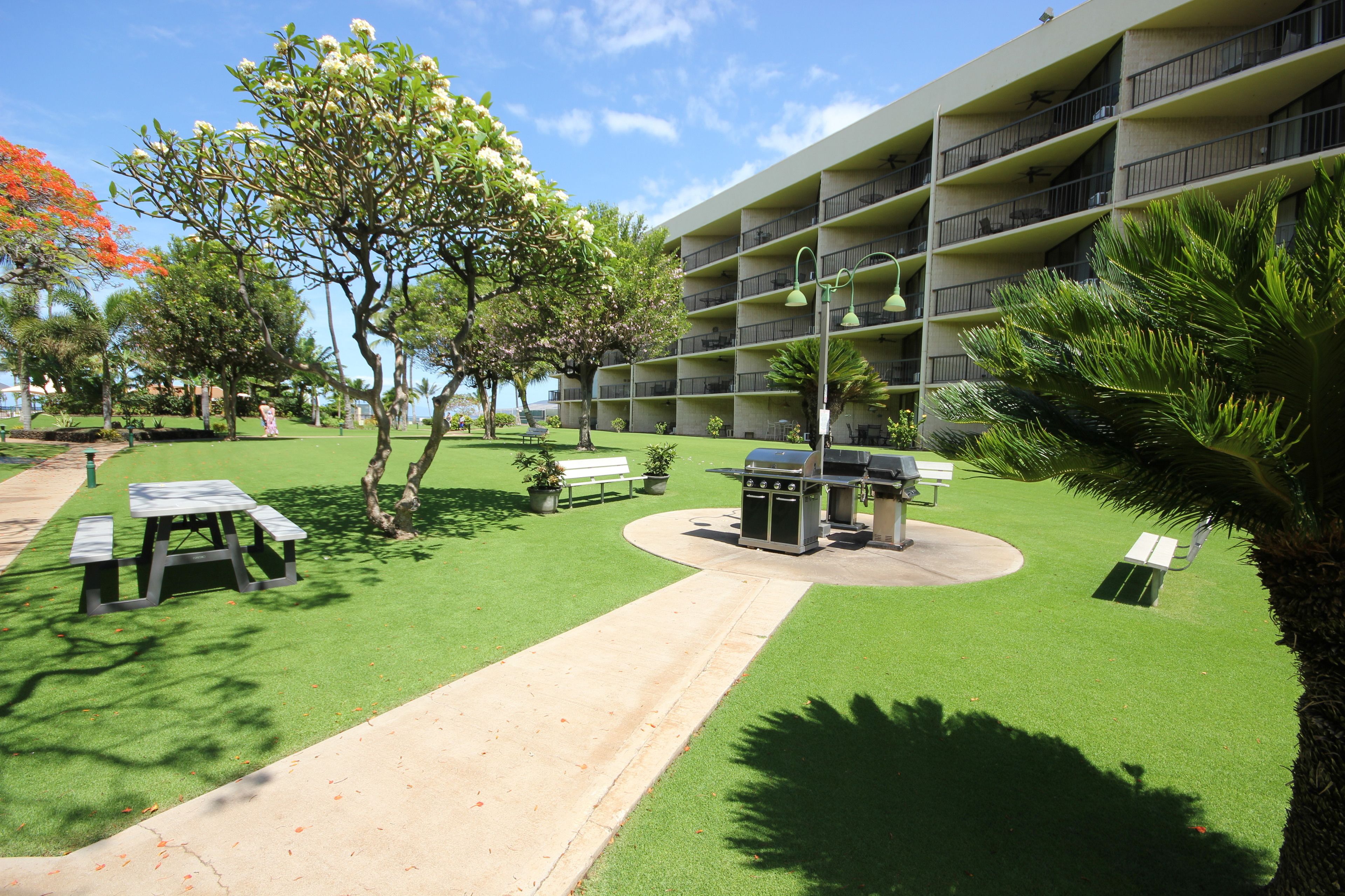 A courtyard with a barbecue area, picnic tables, and a pathway leading to a building with balconies.
