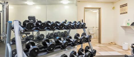 A gym with a rack of dumbbells, a treadmill, and a mirror.
