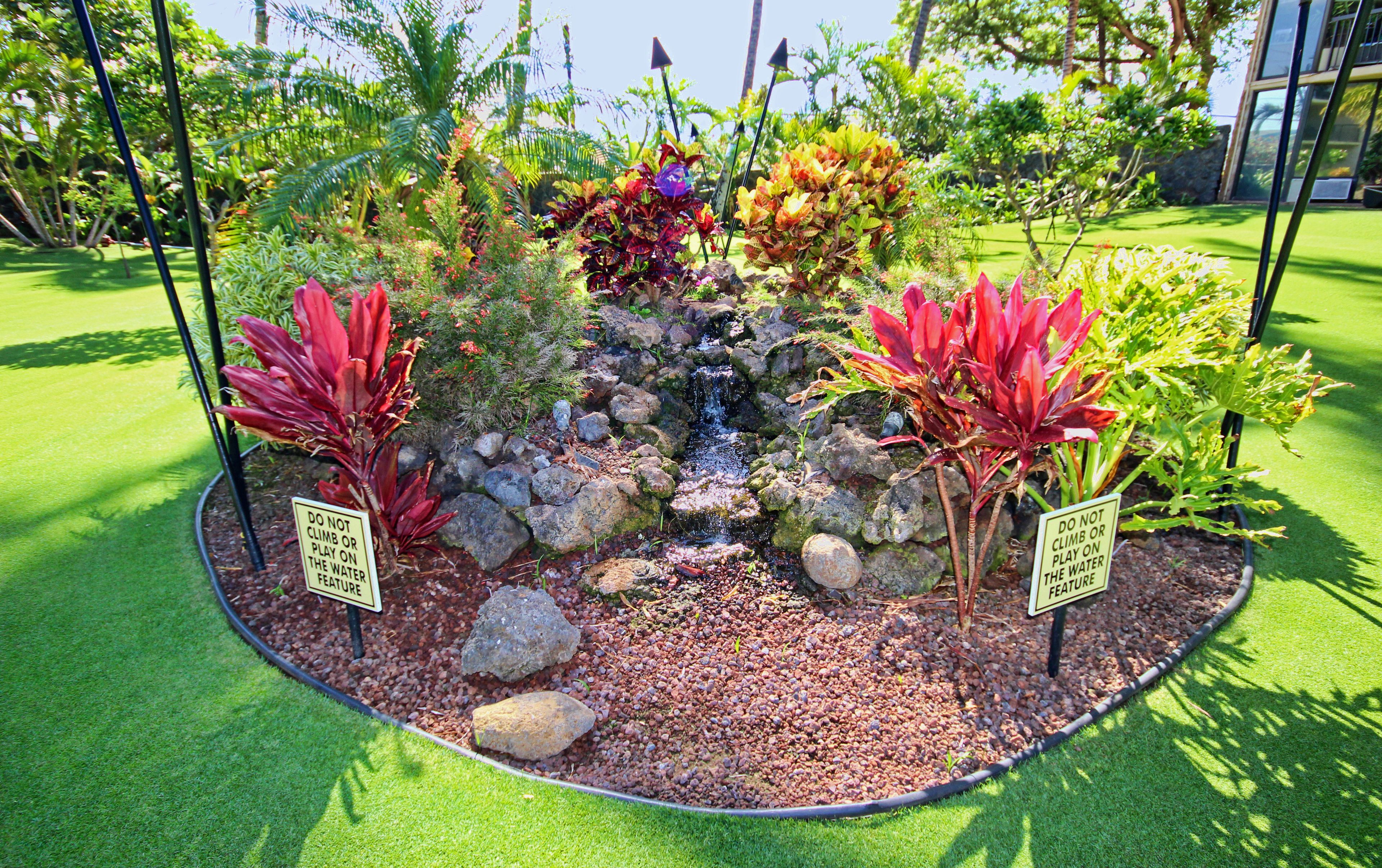 Un jardín ajardinado con fuente de agua rodeado de diversas plantas y rocas.