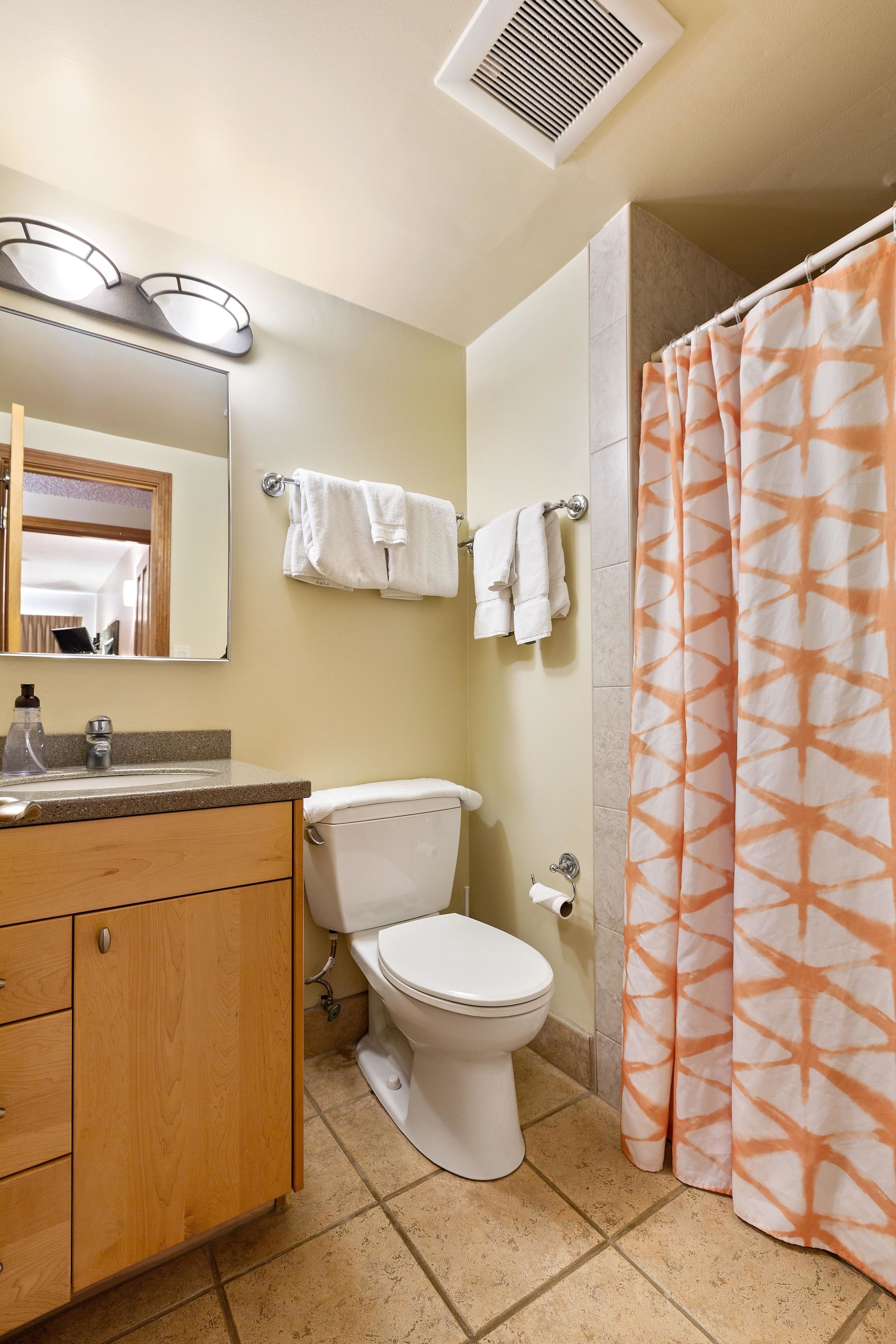 A bathroom with a toilet, sink, mirror, and shower curtain.