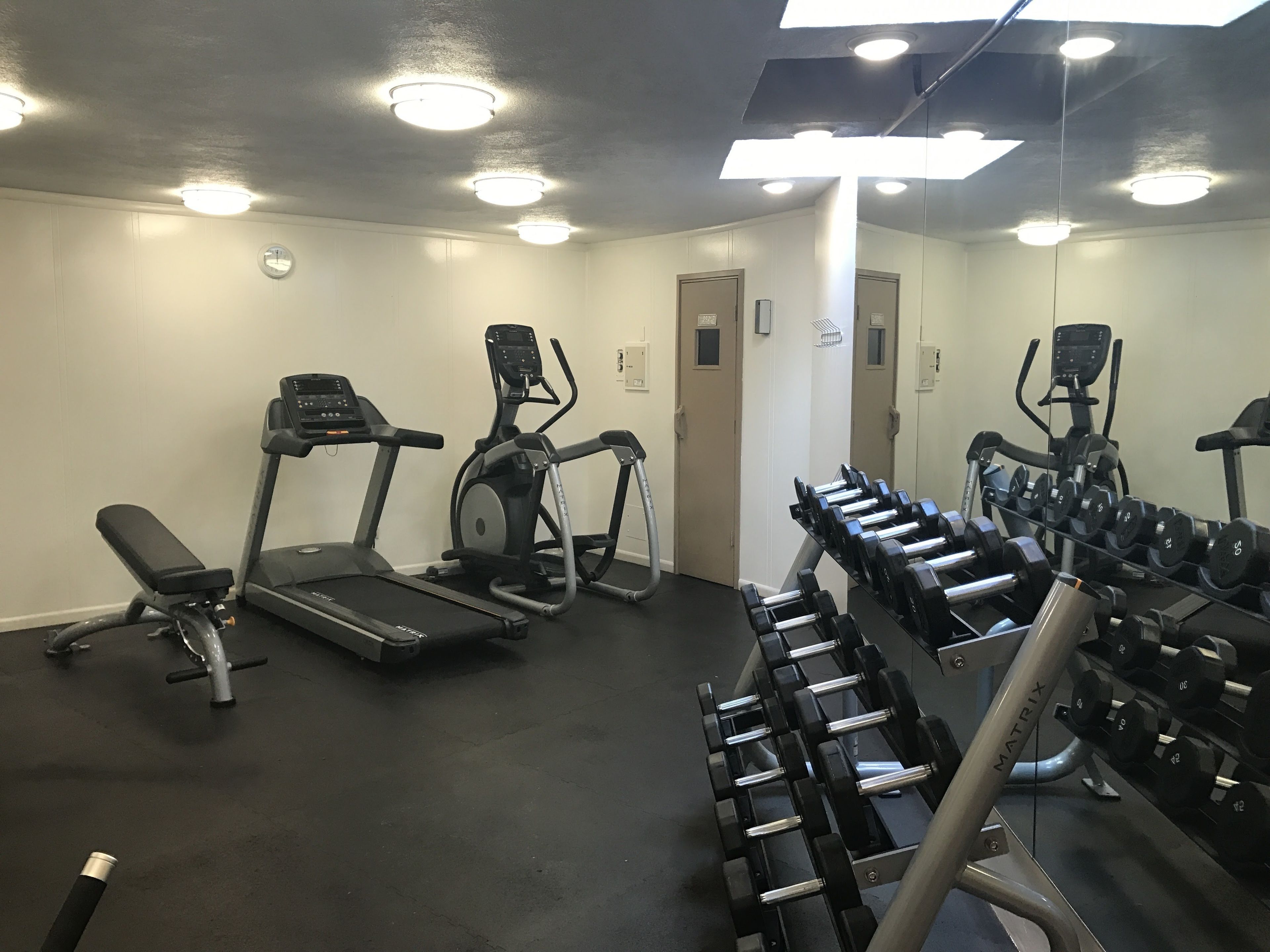 Un gimnasio con cintas de correr, una banca y un estante con mancuernas.
