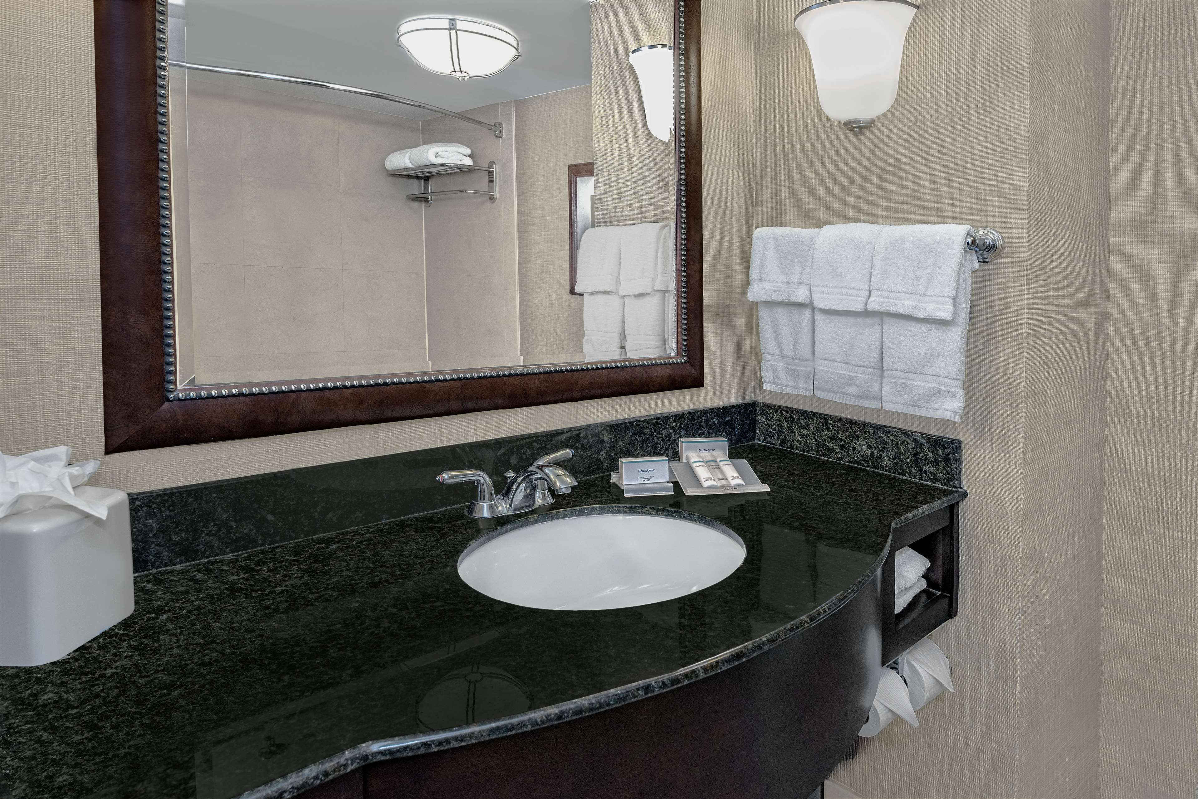 combined shower/bathtub, free toiletries, hair dryer, bathrobes