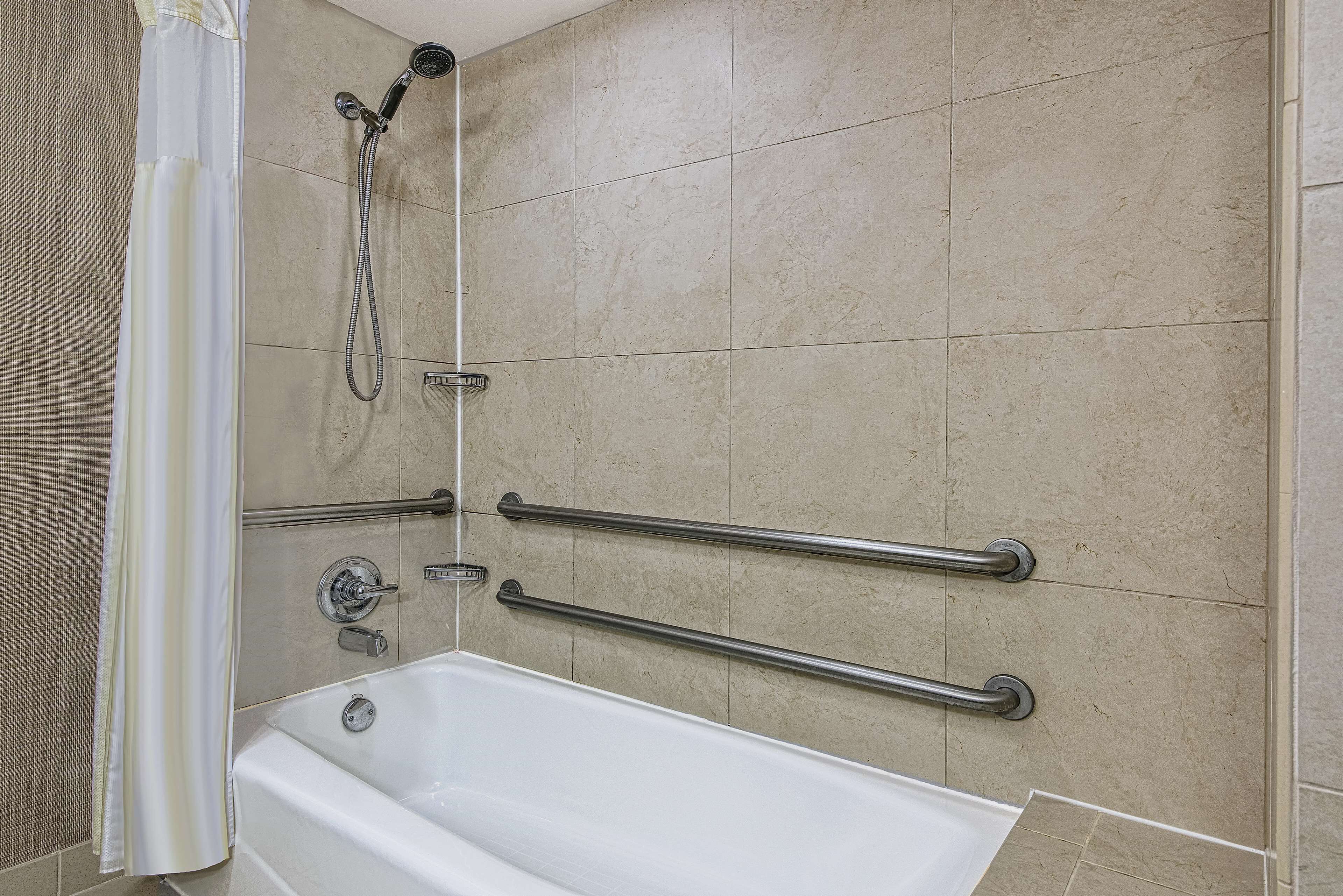 combined shower/bathtub, free toiletries, hair dryer, bathrobes