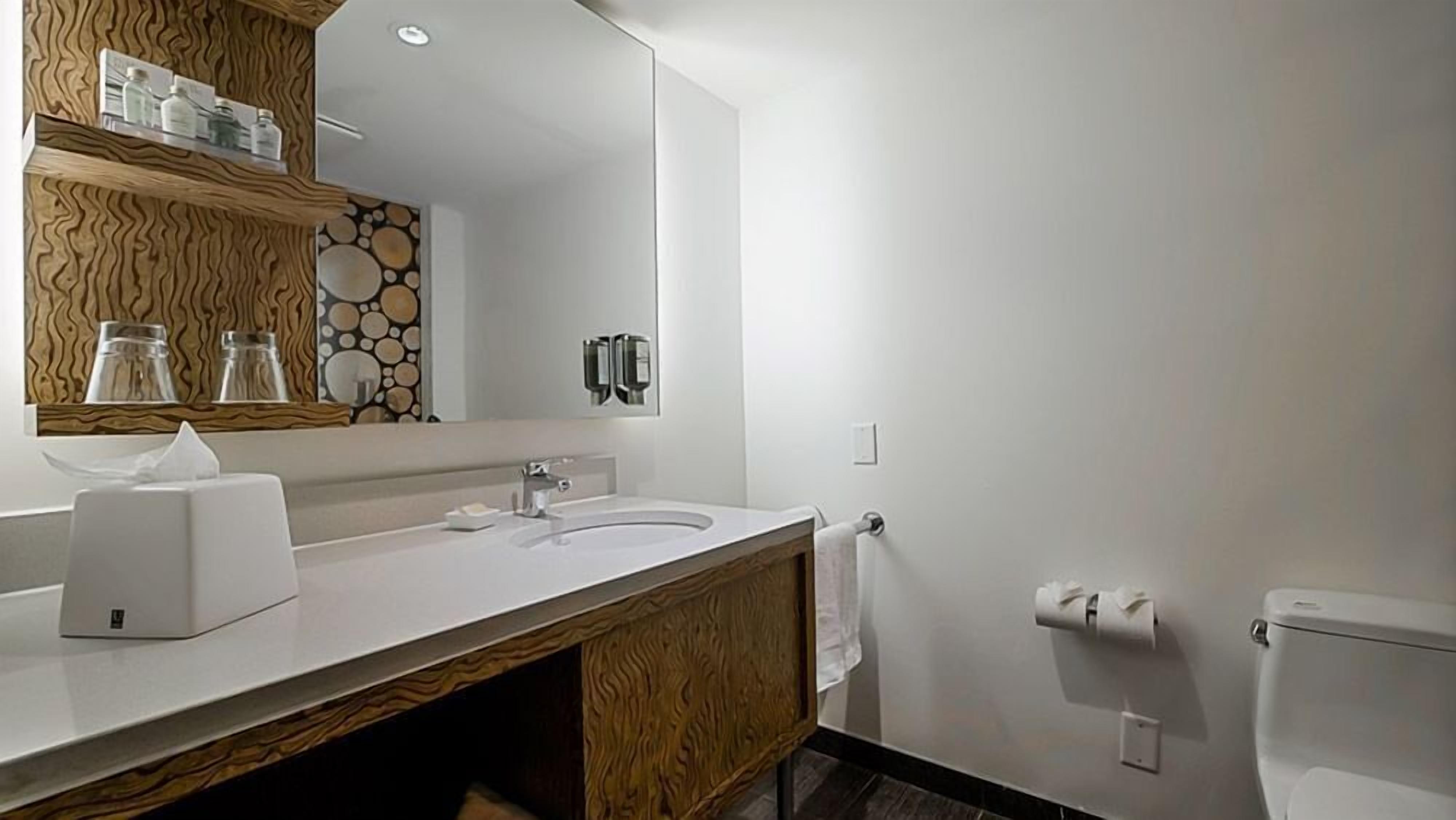 Un bagno moderno con un lavandino bianco, un mobile vanitario in legno e uno specchio grande.