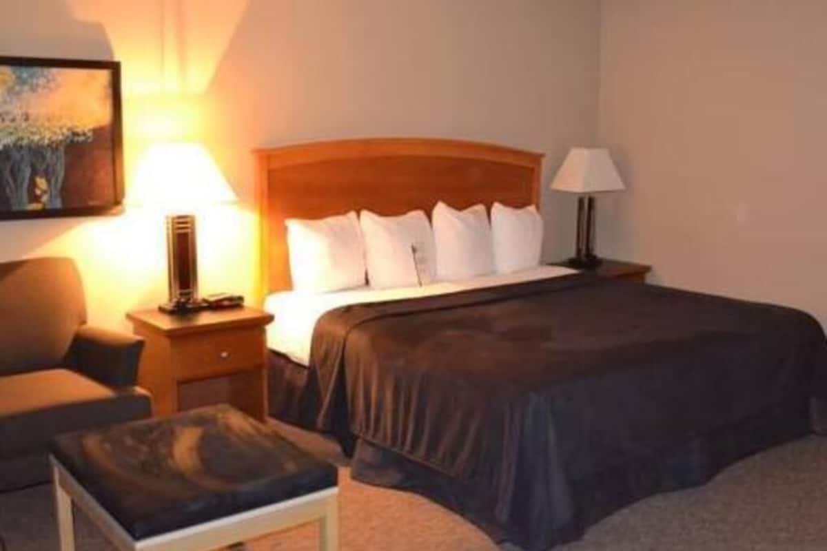 Escritorio, cortinas blackout y tabla de planchar con plancha