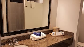 Combined shower/bathtub, free toiletries, hair dryer, towels