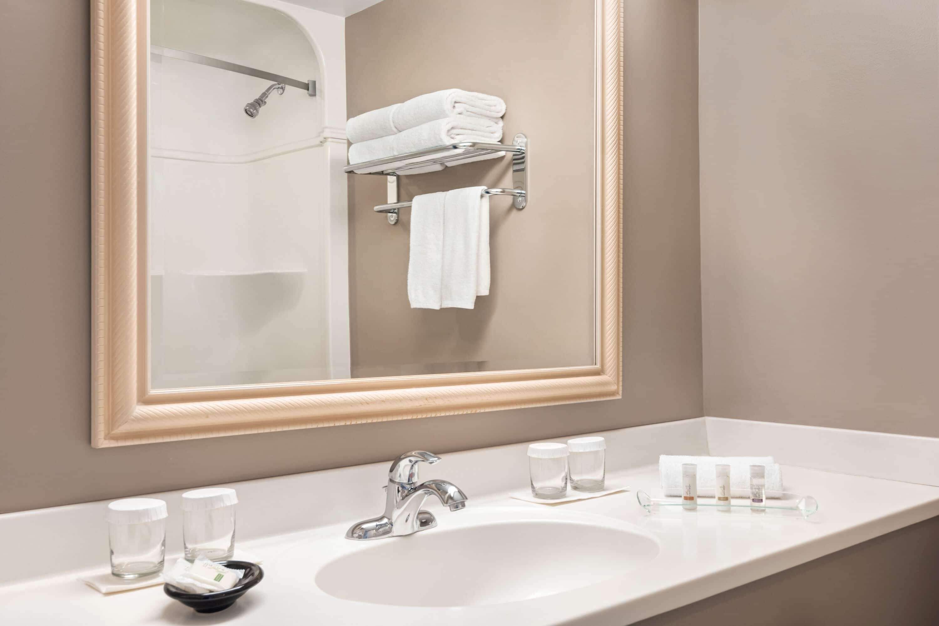 combined shower/bathtub, free toiletries, hair dryer, towels