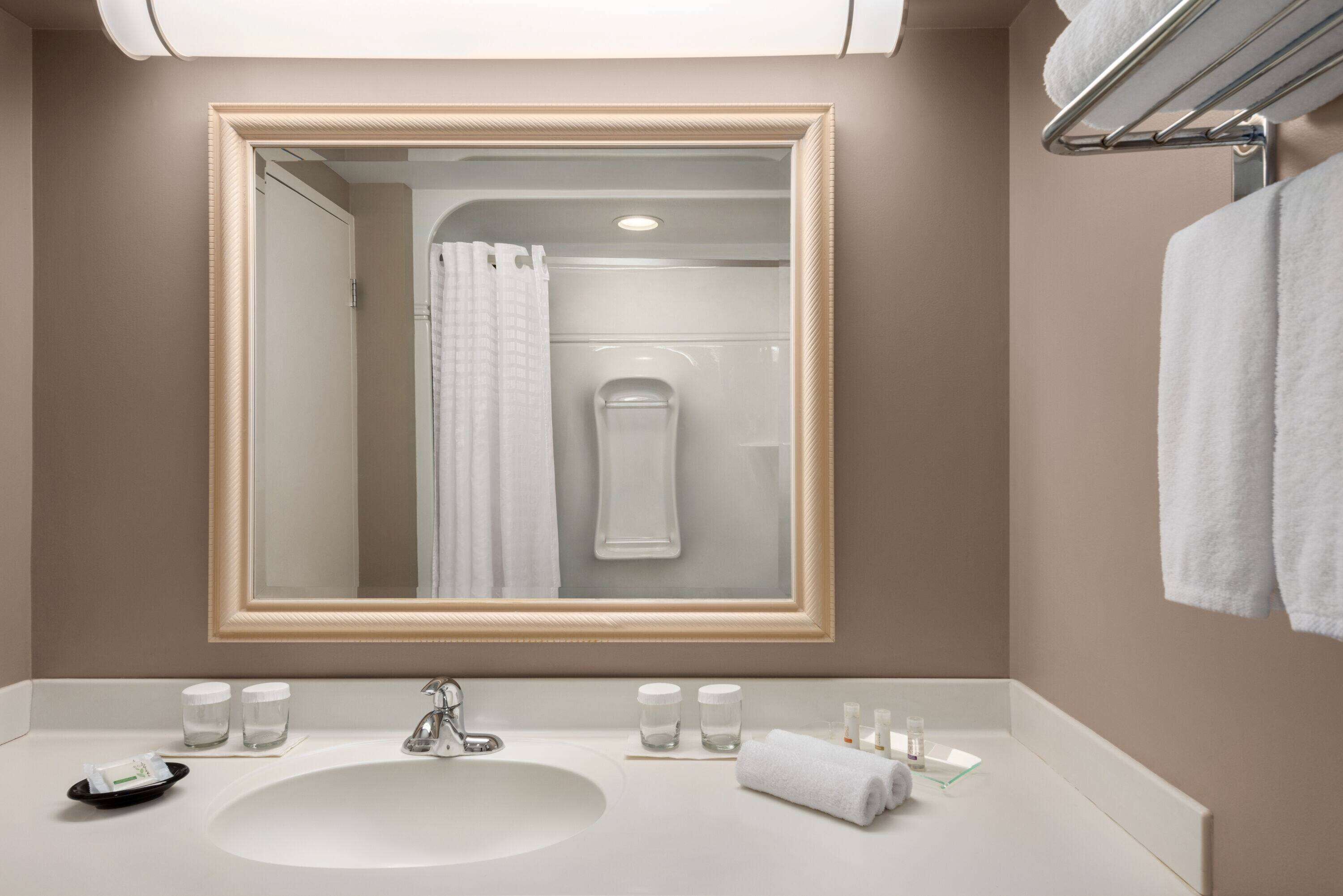 Un baño con un espejo grande, un lavabo y un perchero para toallas.
