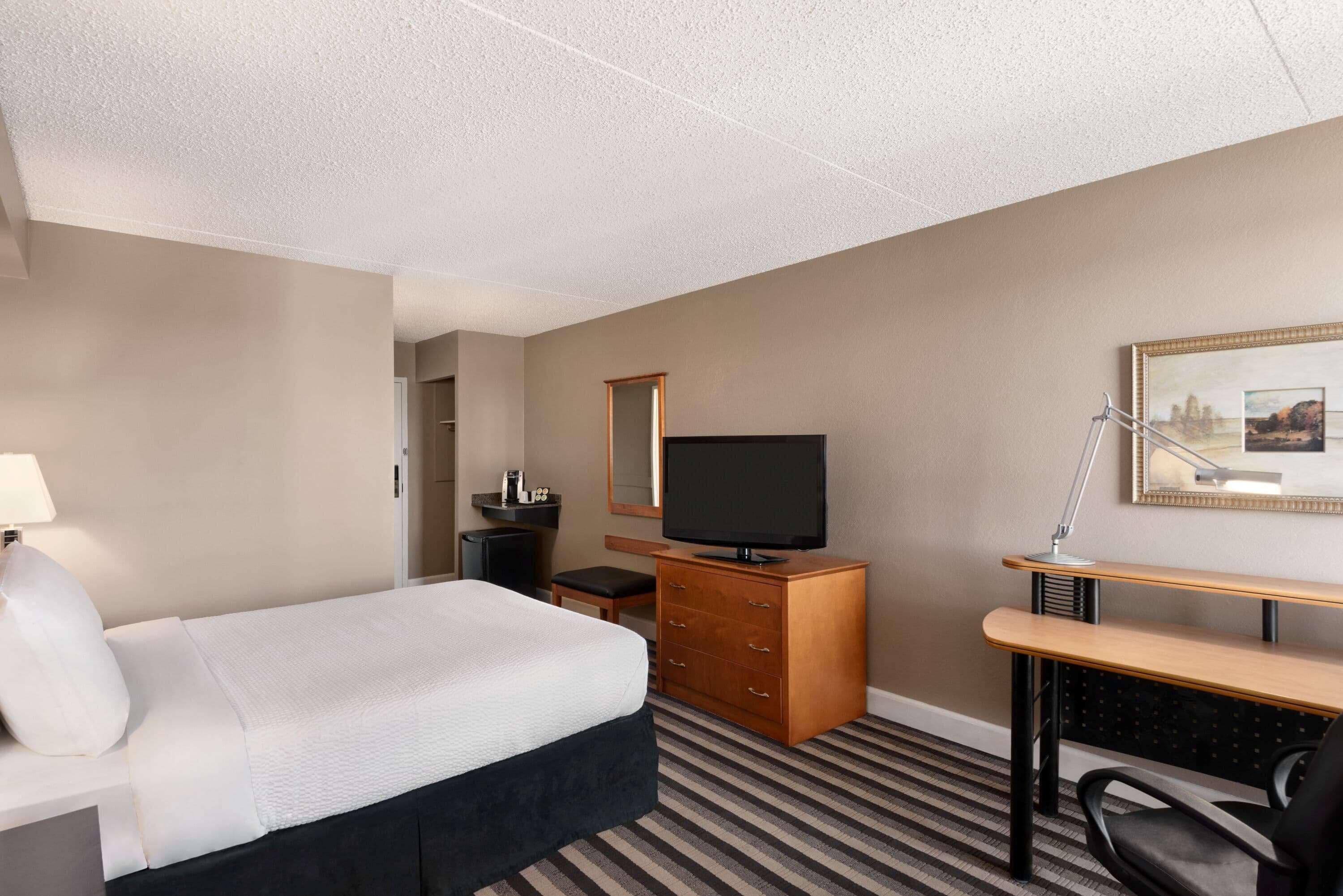 A hotel room with a bed, a TV, a desk, a chair, a dresser, and a lamp.