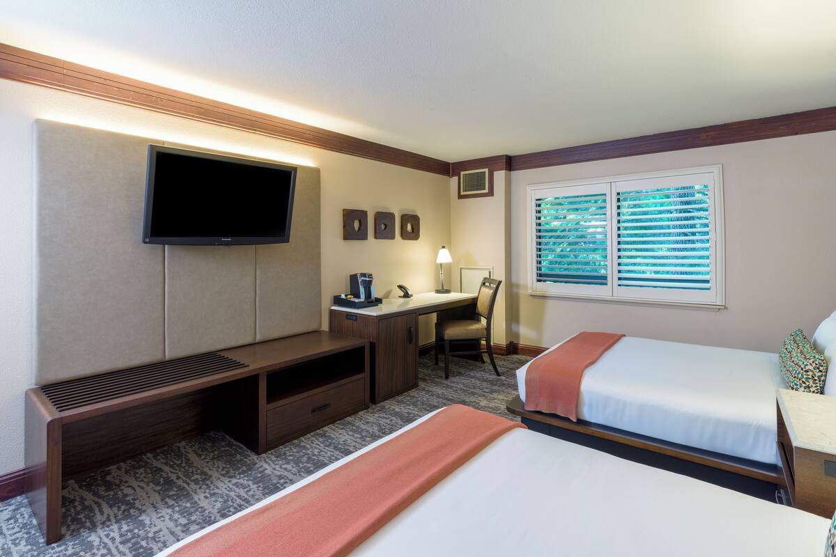 Habitación de hotel con dos camas, un escritorio con silla, televisión y ventana con persianas.