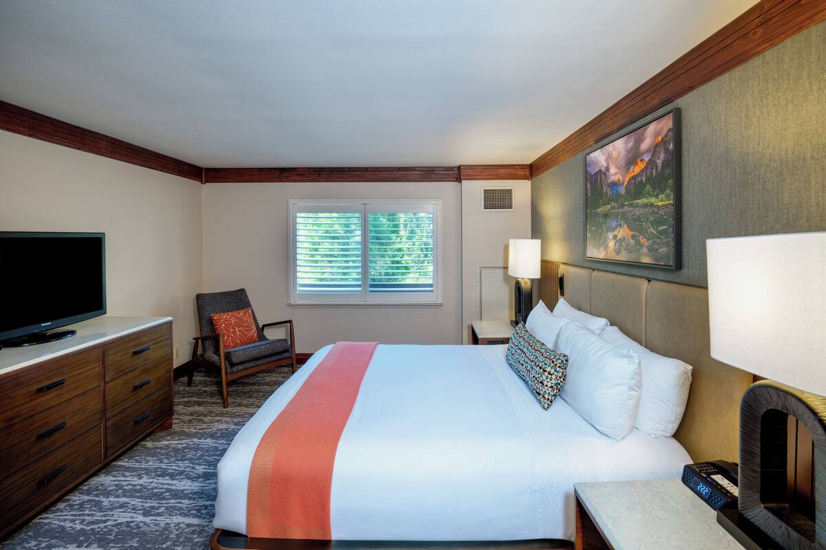 Una habitación de hotel con cama, televisión, escritorio, silla, ventana y un cuadro en la pared.