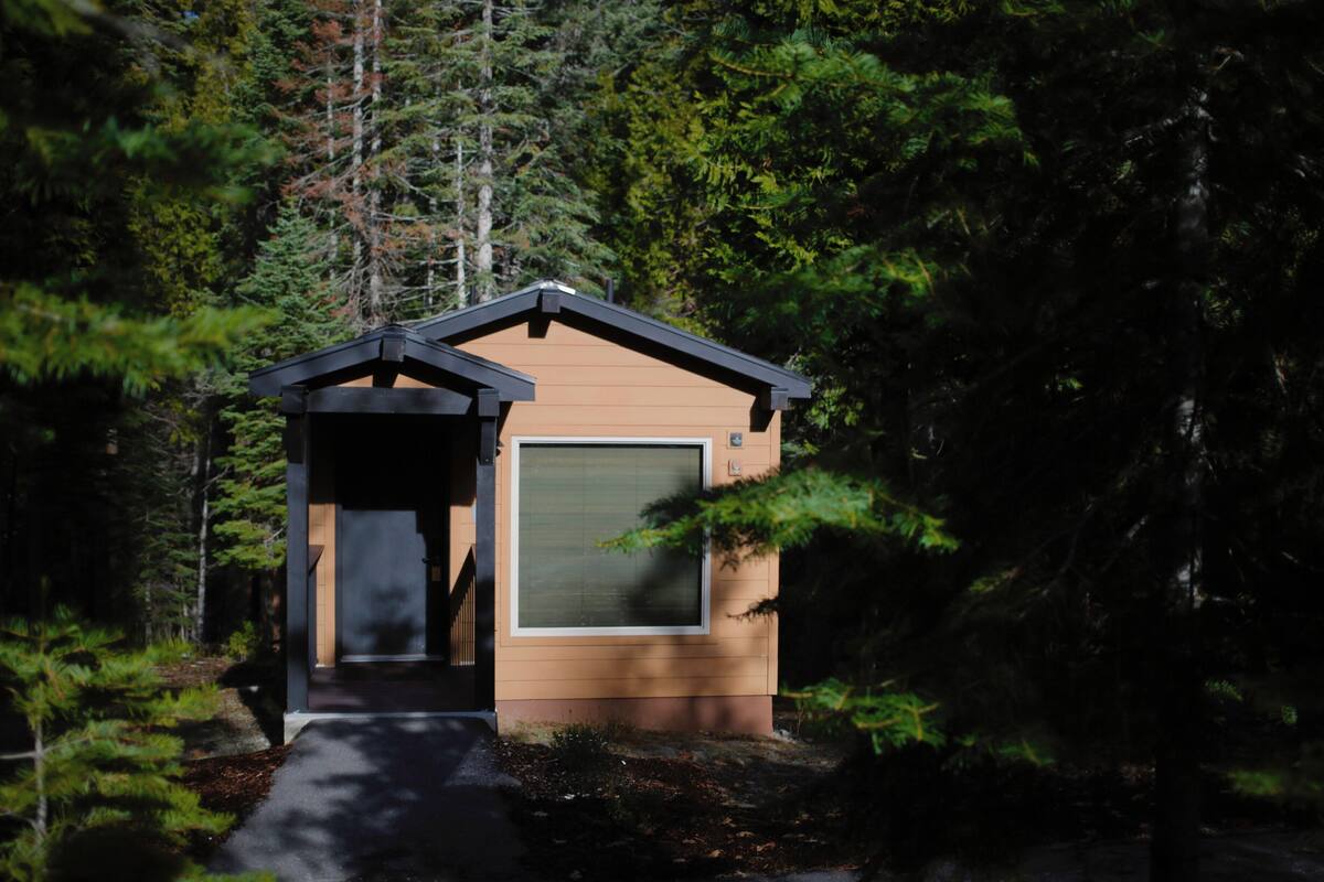 Una cabaña pequeña con puerta y ventana, rodeada de un bosque frondoso.