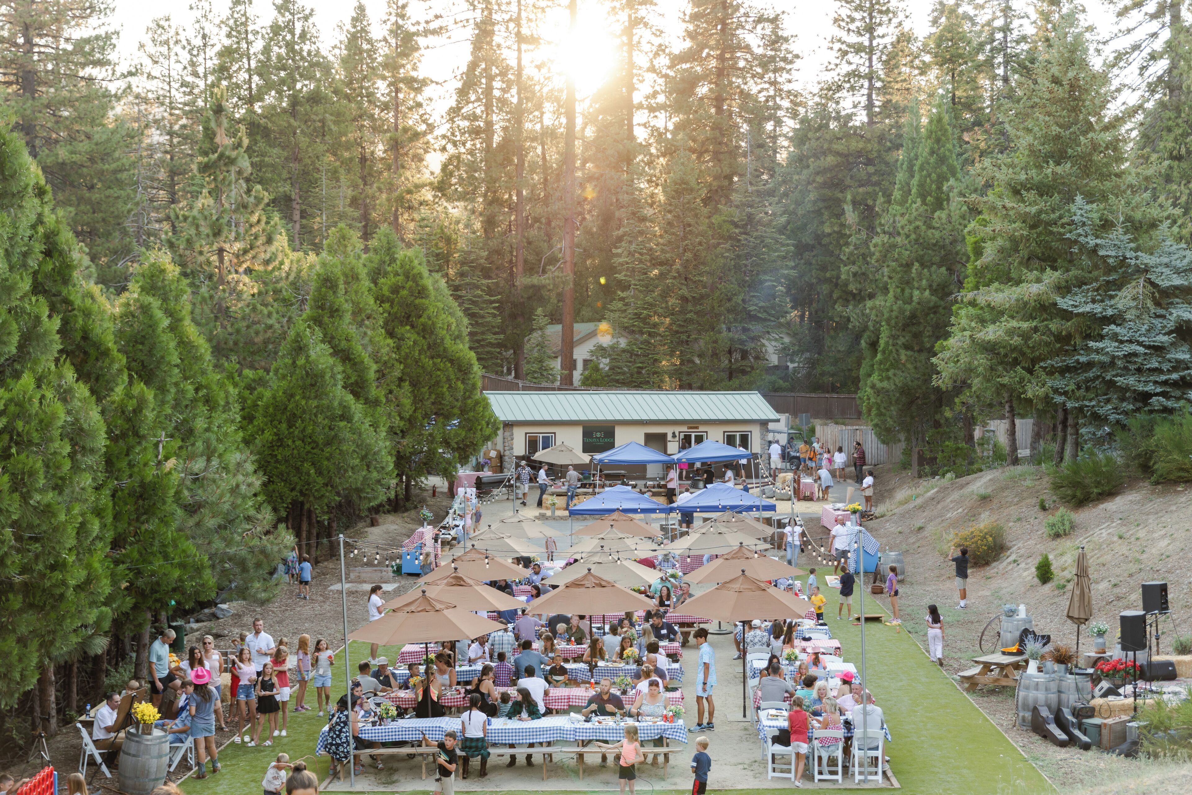 An outdoor event with tables and chairs, surrounded by trees and a building in the background.