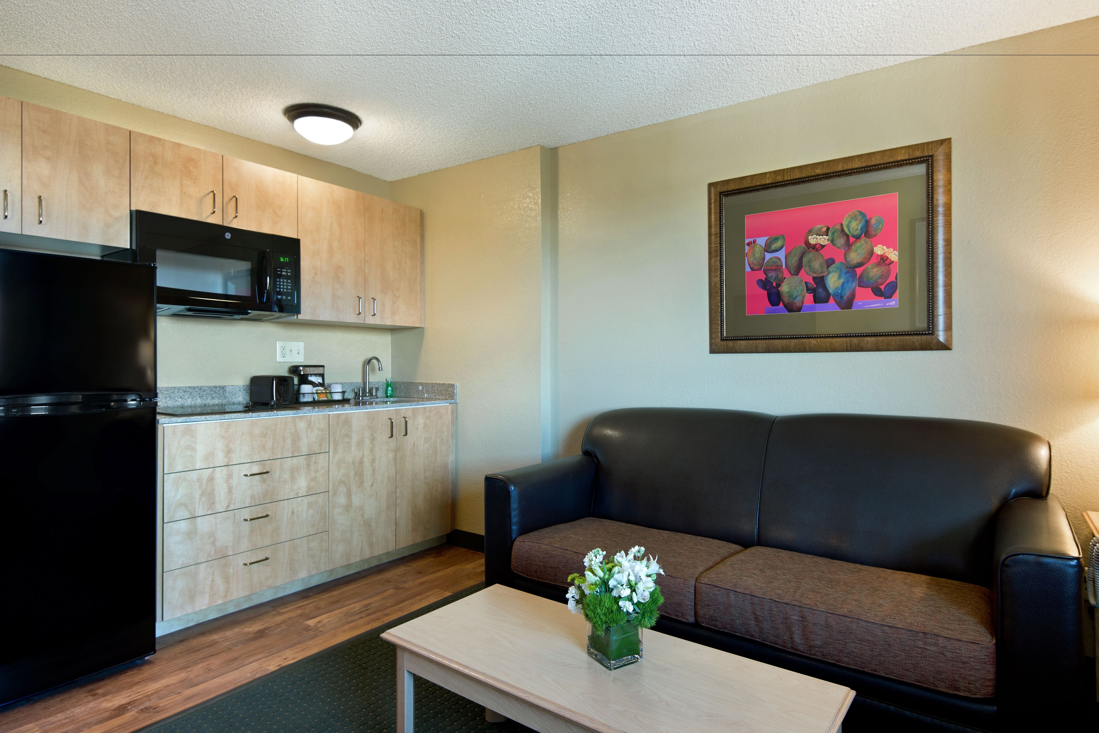 extended stay queen suite kitchenette | living area | flat-screen tv