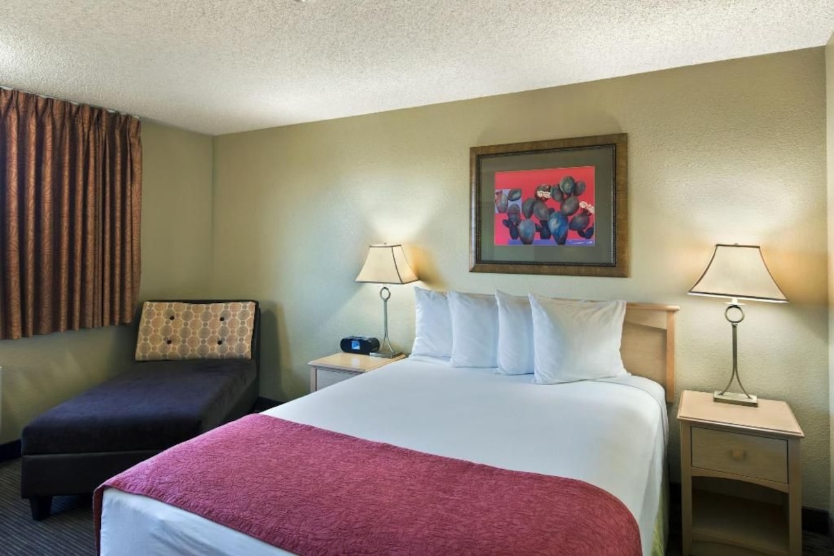 Una habitación de hotel con una cama grande, un sofá más pequeño, dos mesitas de noche con lámparas y un cuadro en la pared.