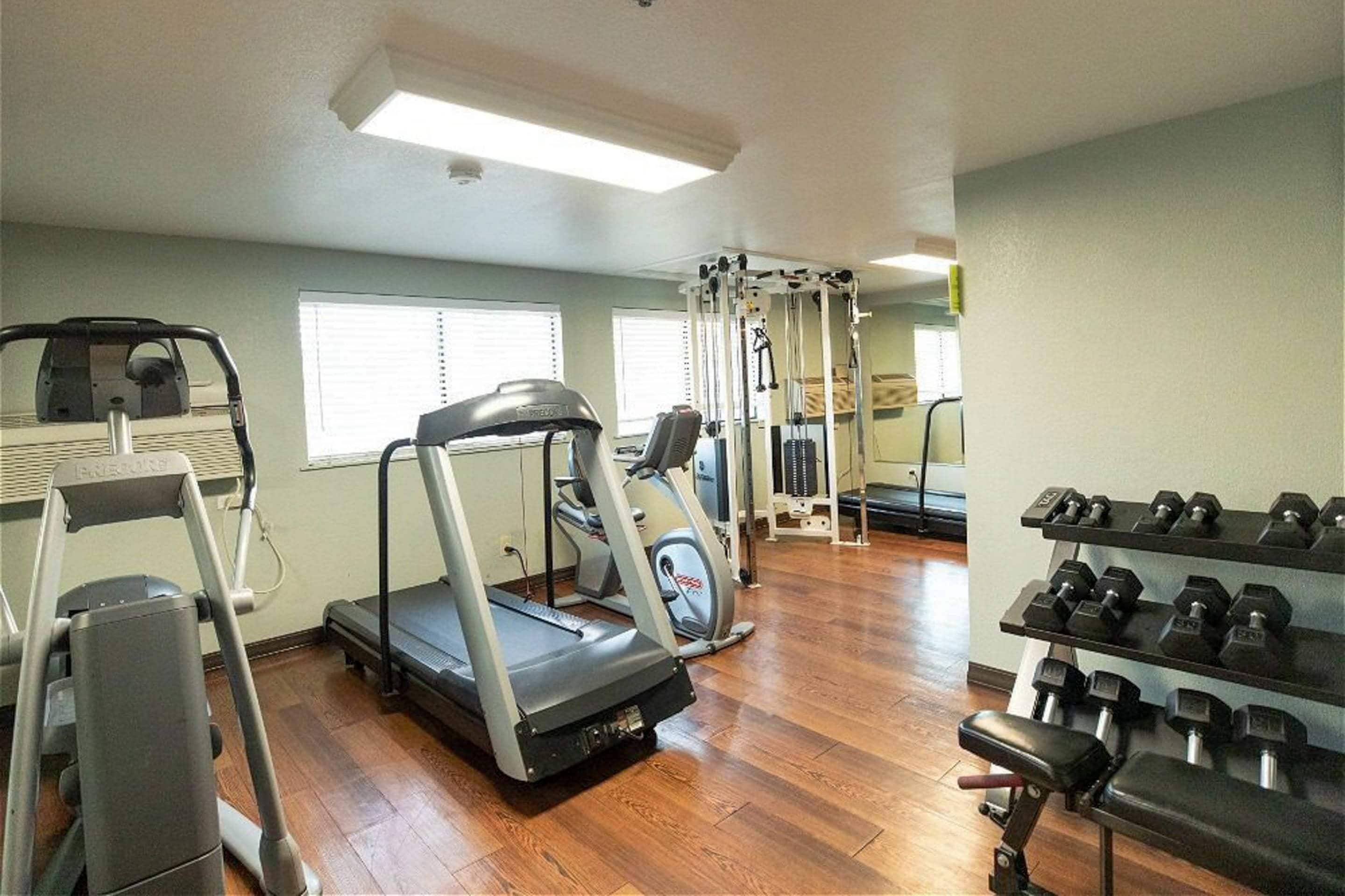 Une salle de sport à domicile équipée de tapis de course, d’un appareil de marche en escalier et d’un banc de musculation.