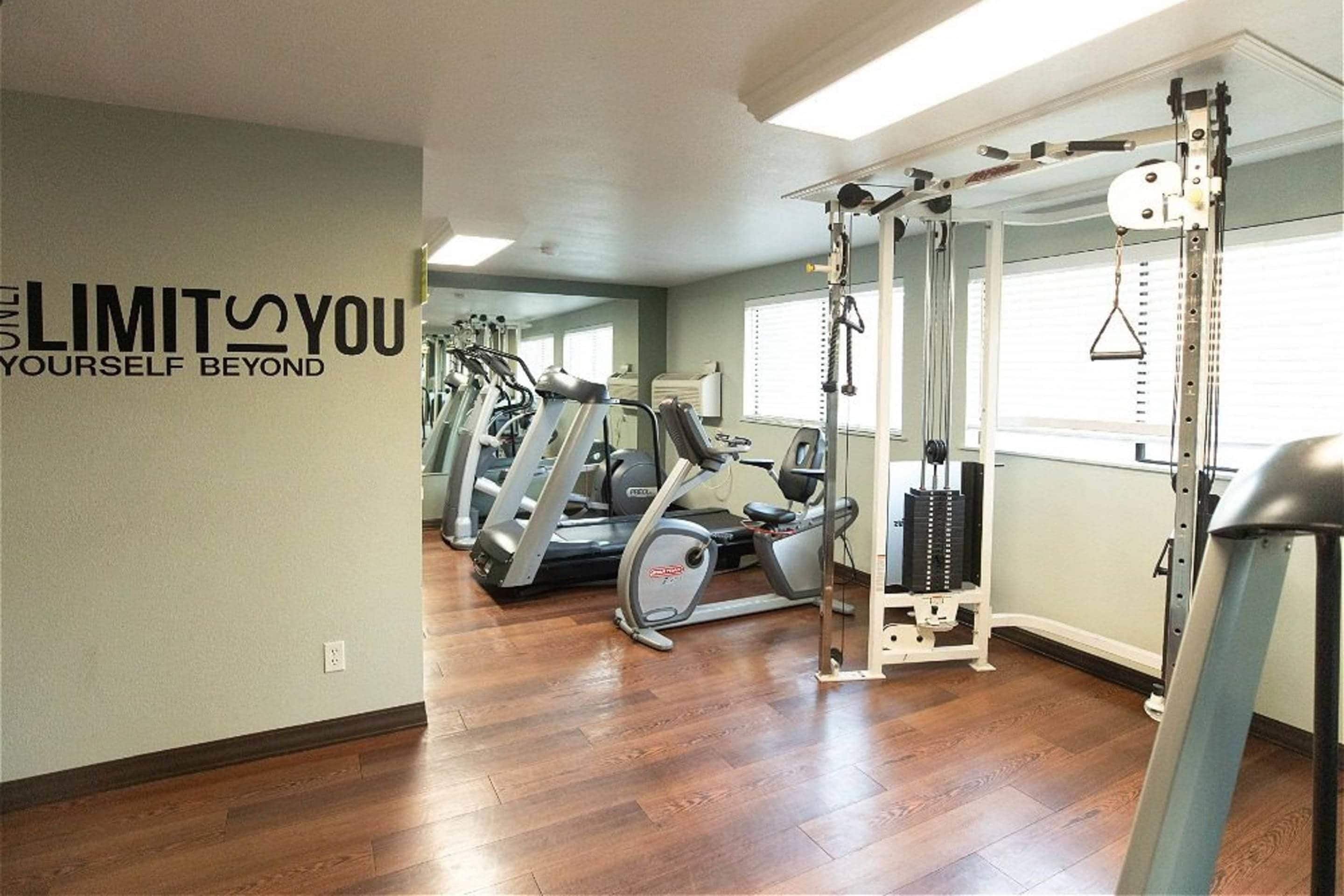 A gym with treadmills, a weight machine, and a motivational wall quote.