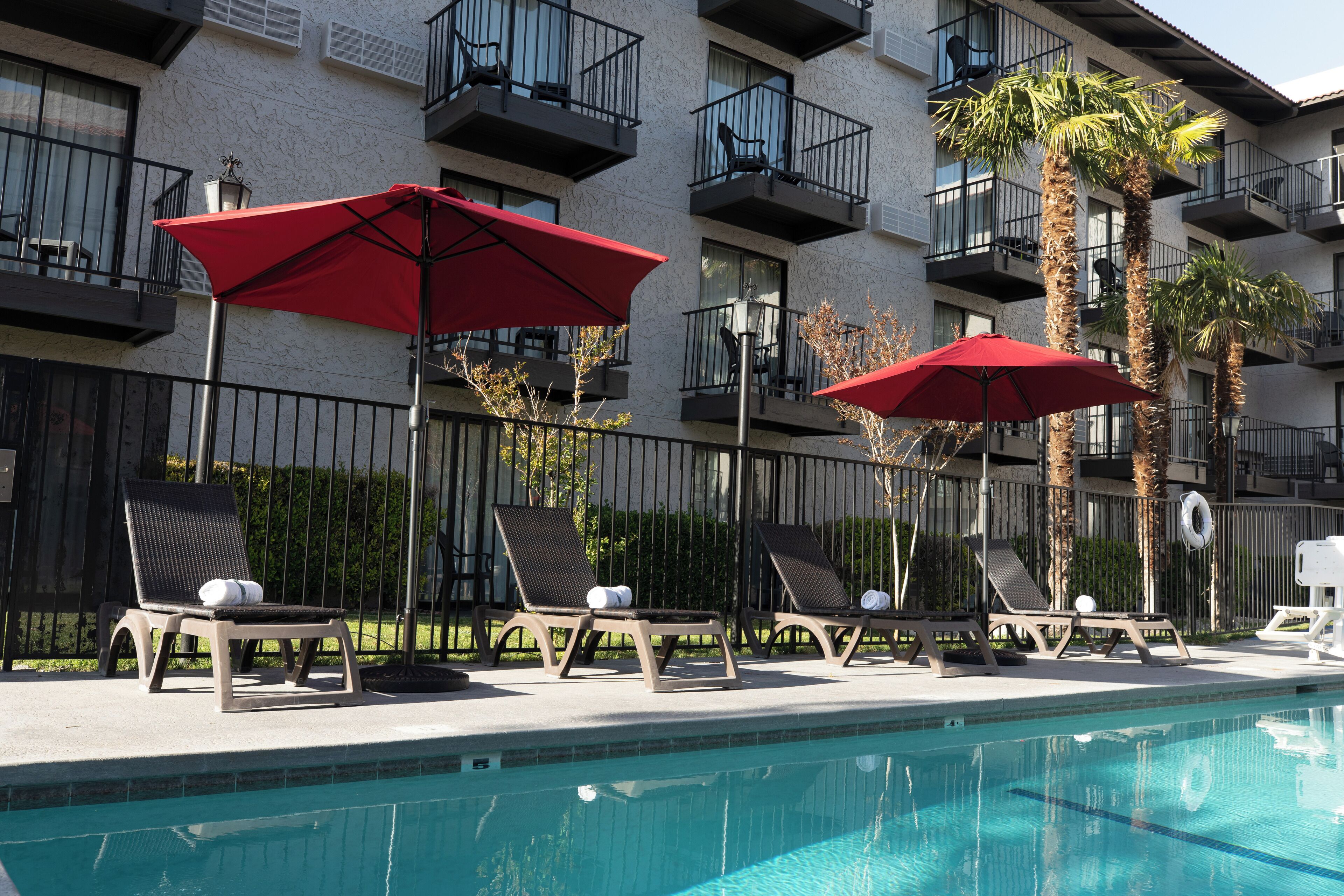 A pool area with lounge chairs and red umbrellas, surrounded by a fence and palm trees.