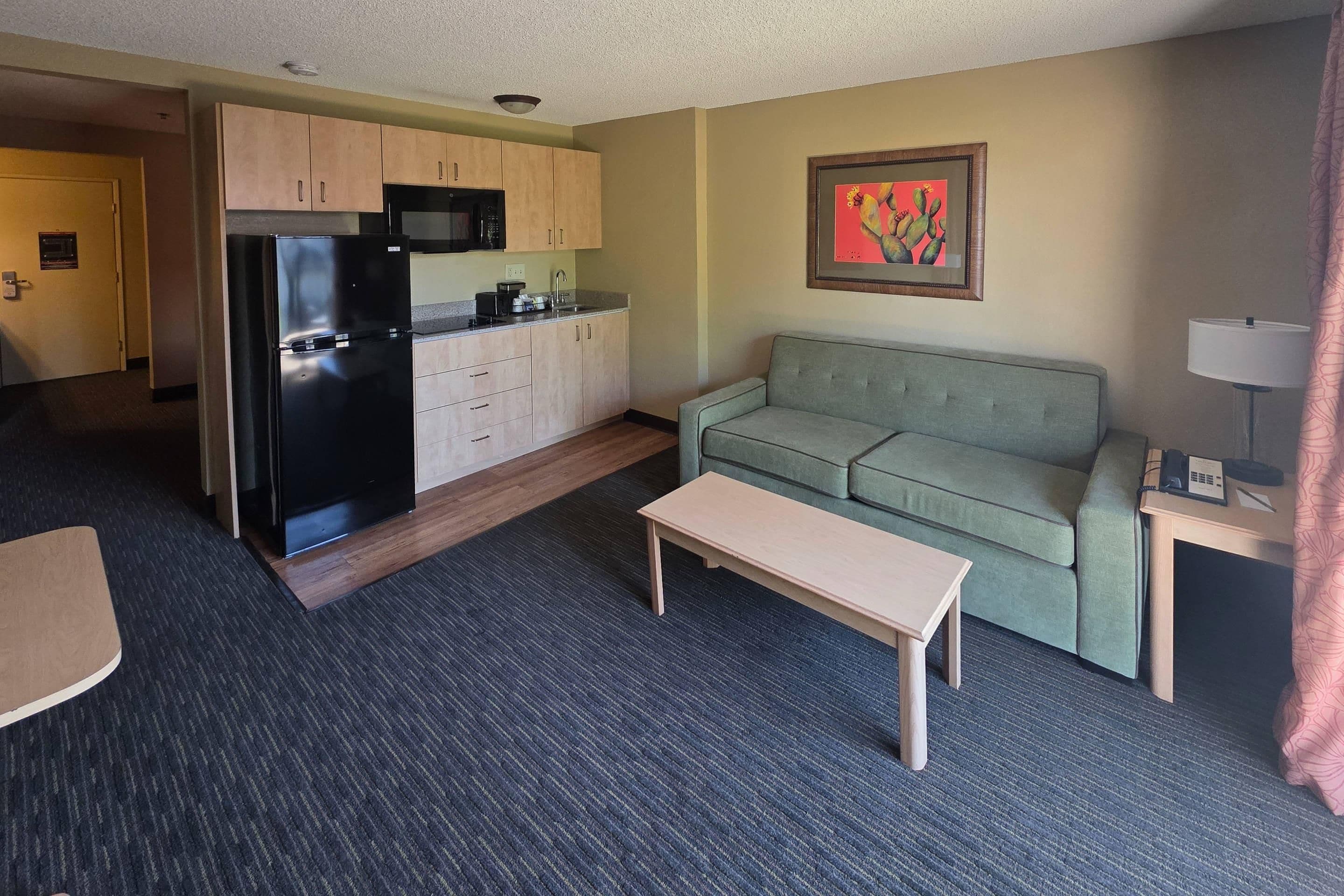 A compact living space with a kitchenette, a sofa, a coffee table, and a framed artwork on the wall.