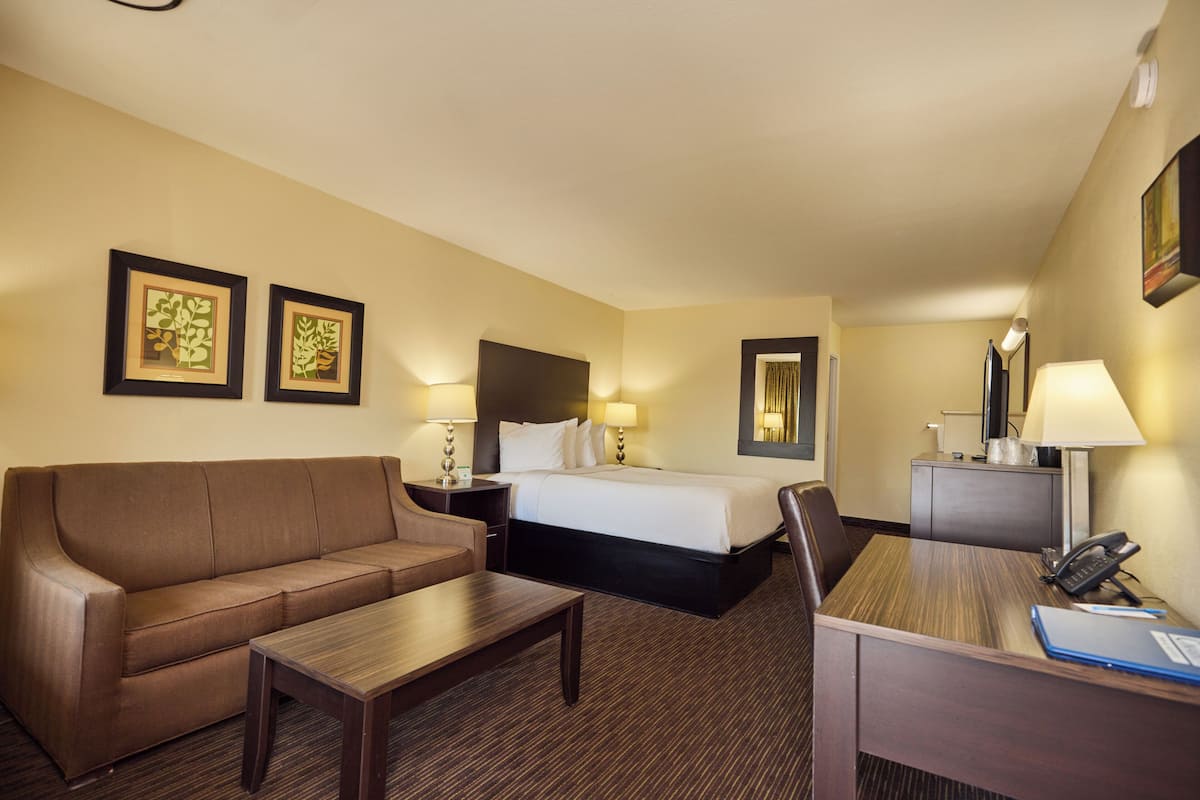 Une chambre d’h ôtel comprenant un lit, un canapé, un bureau et deux tables de chevet avec des lampes.