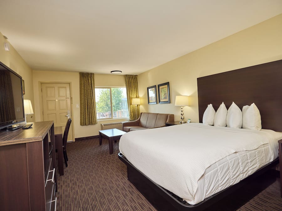 Quarto de hotel com uma cama grande, uma escrivaninha, uma cadeira, uma televisão e uma janela com cortinas.