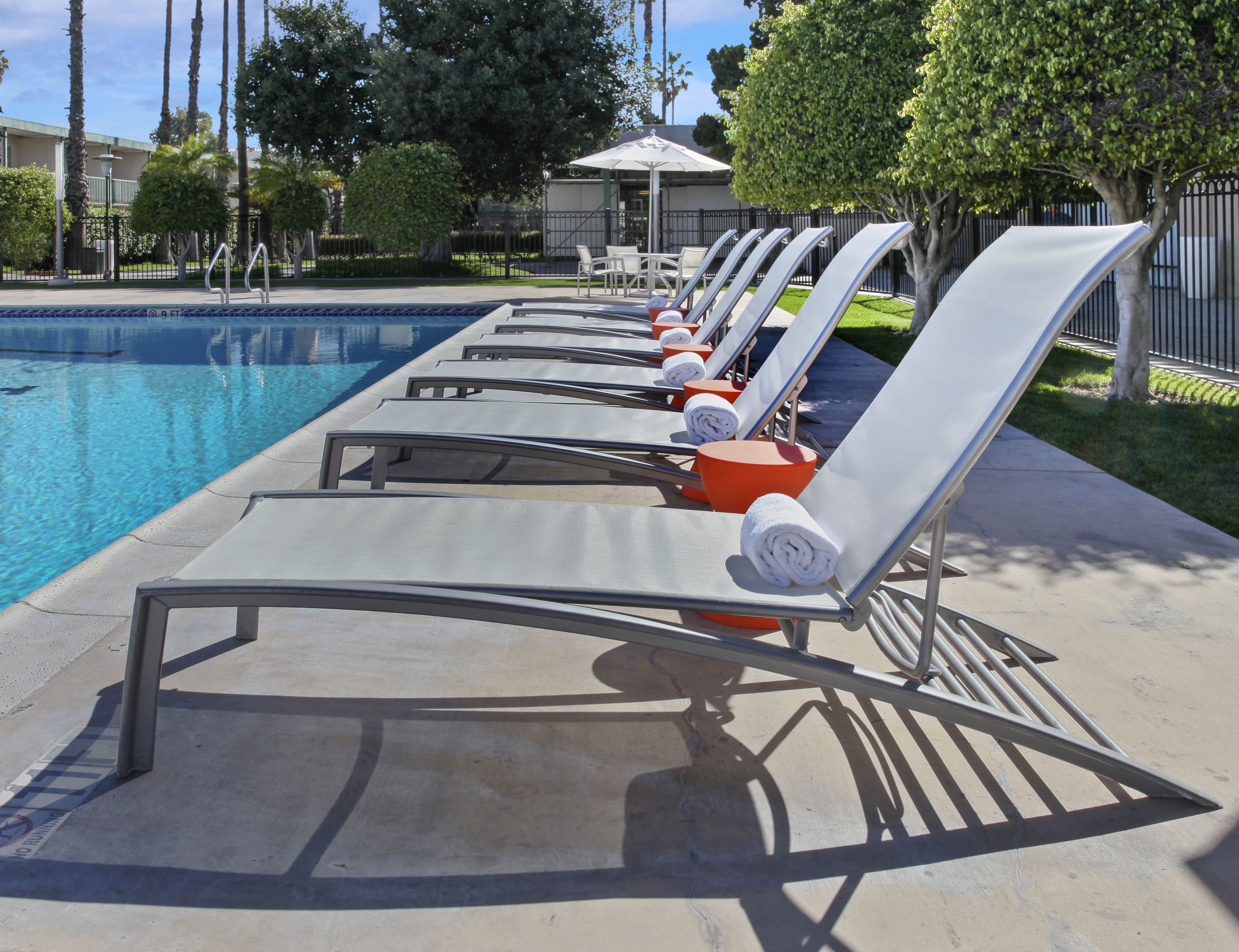 A row of sun loungers by a pool with a clear view of the pool and surrounding greenery.