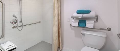 A bathroom with a shower, toilet, and handrails.