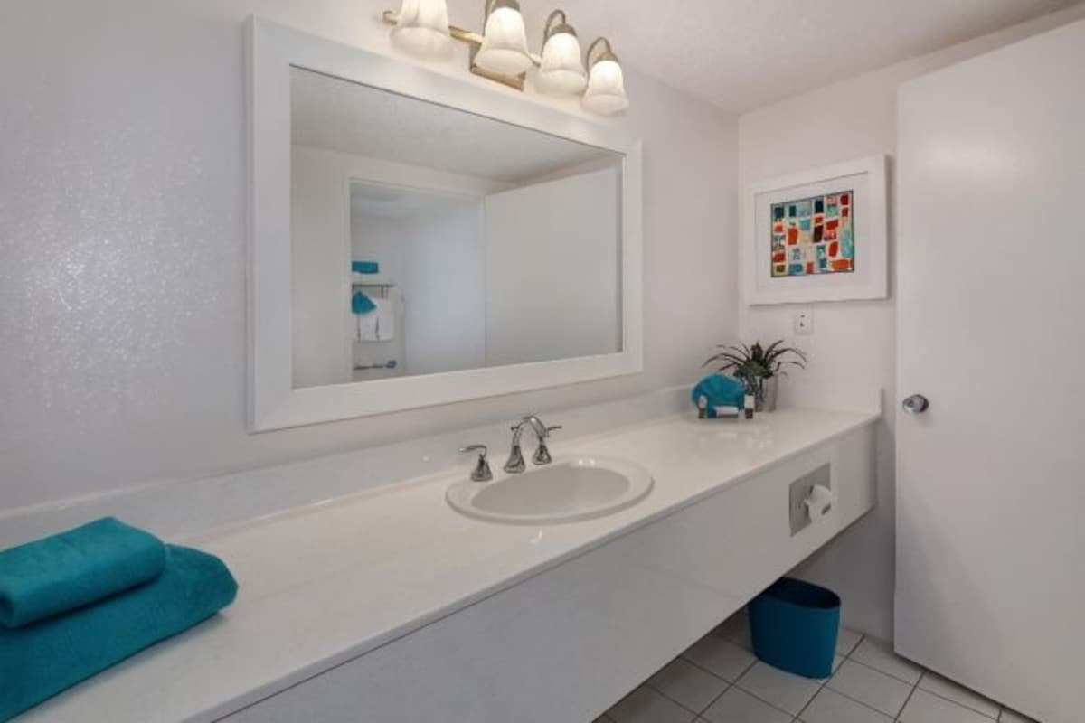 A bathroom with a white sink, a large mirror, and a blue trash bin.