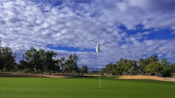A golf course with a flagstick in the center, surrounded by green grass and trees under a partly cloudy sky.