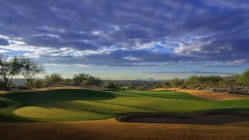 A golf course with a flag, trees, and a distant cityscape under a cloudy sky.
