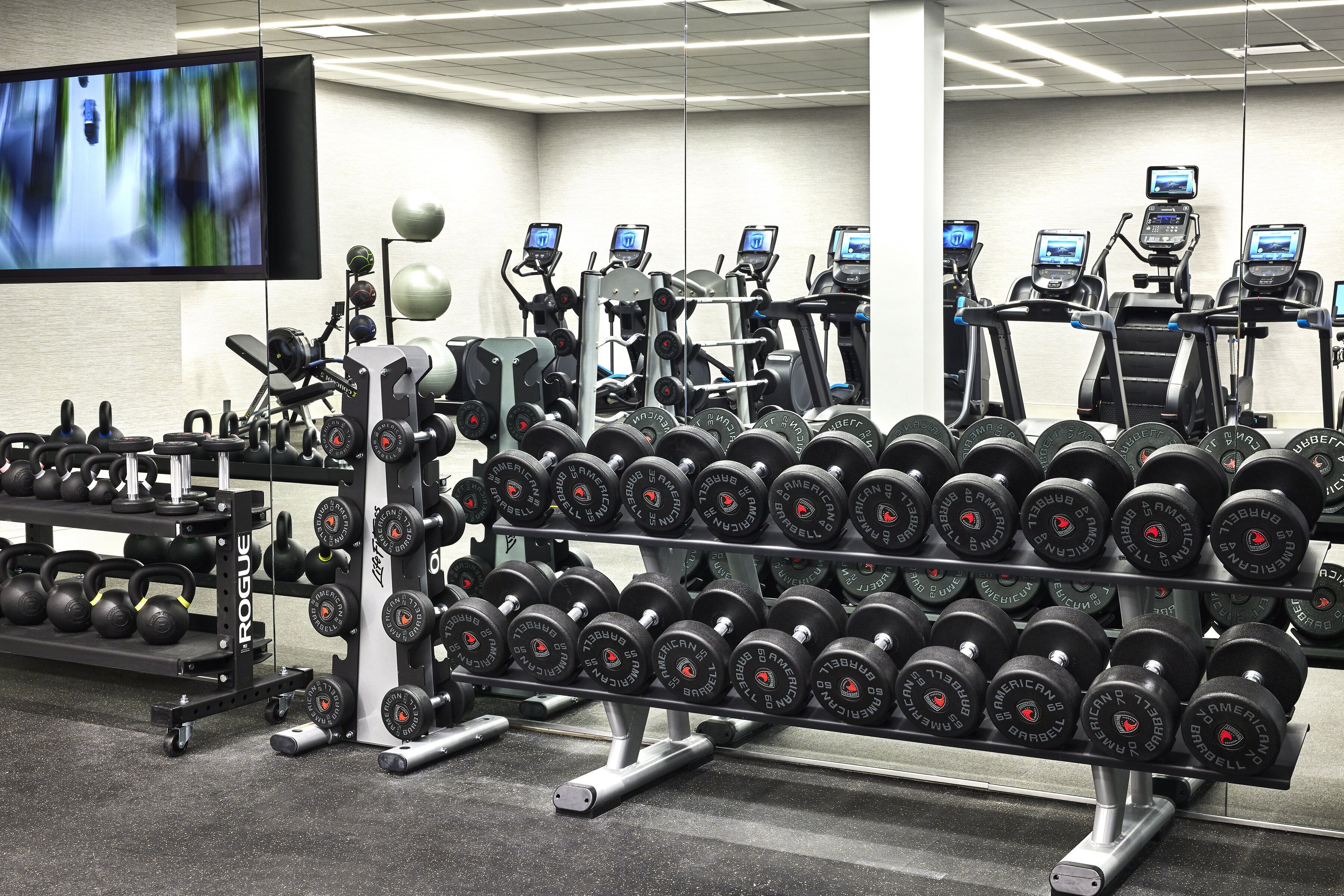 A gym with treadmills, weight machines, and a rack of dumbbells.