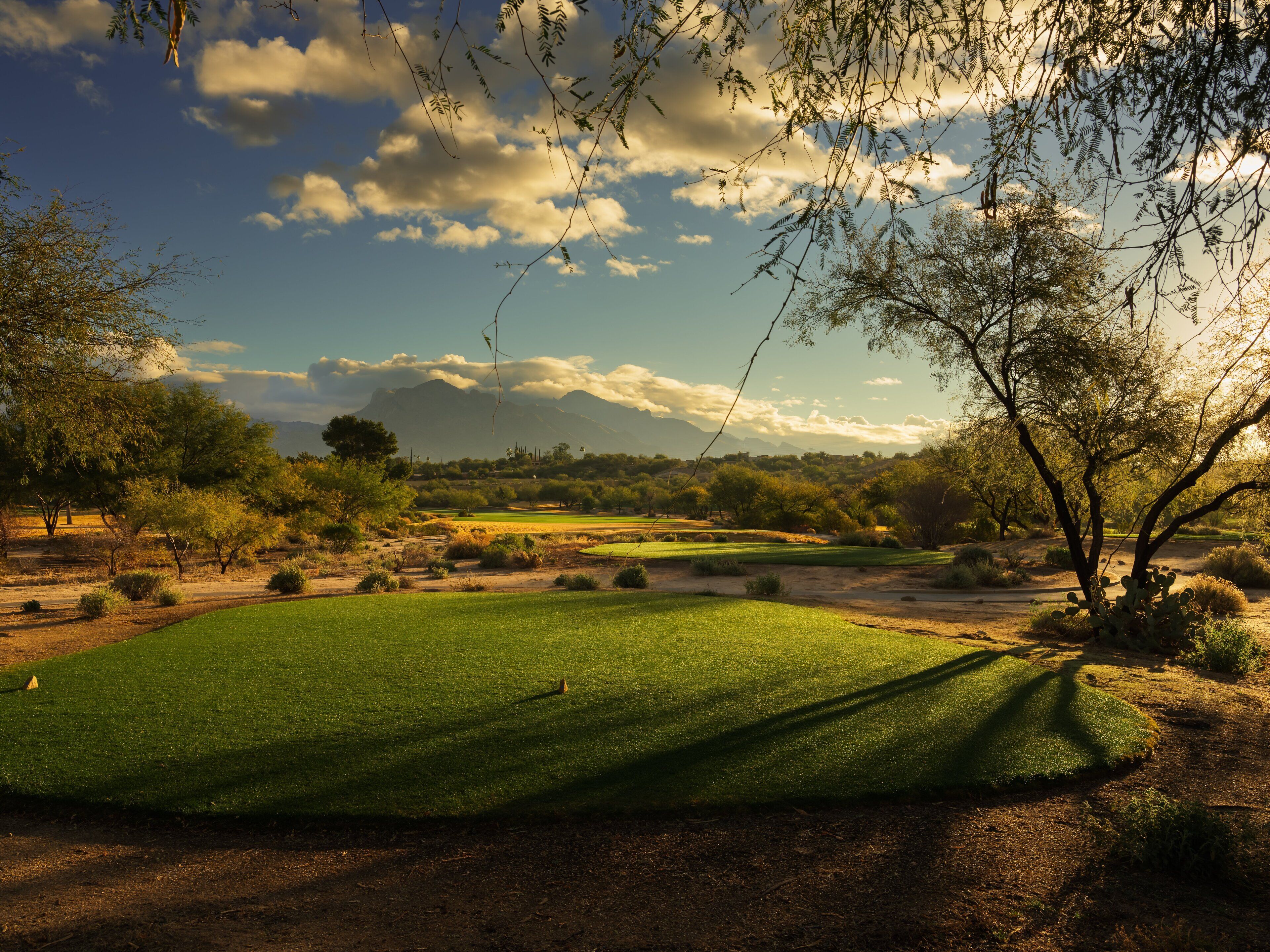 A golf course with a clear sky, trees, and distant mountains.