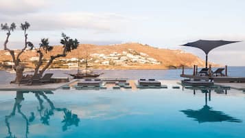 Seasonal outdoor pool, pool umbrellas, pool loungers