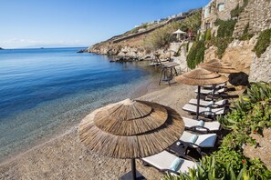 Private beach, sun-loungers, beach umbrellas, beach massages