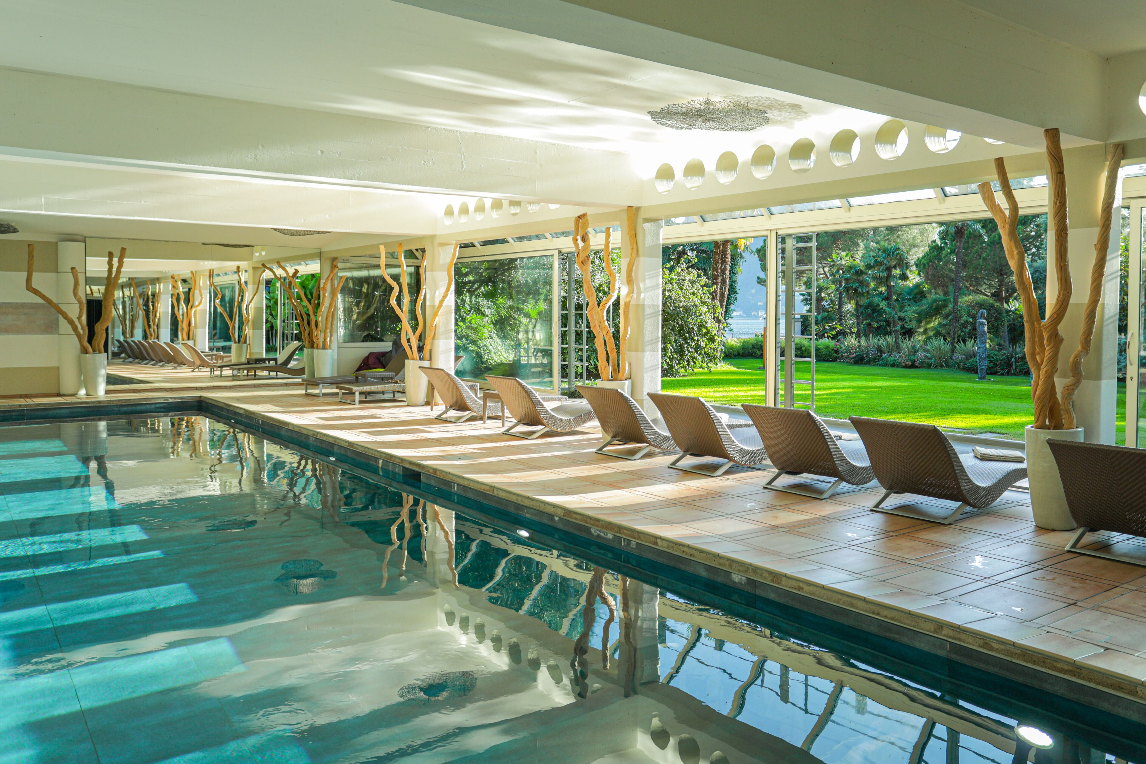 indoor pool, pool loungers