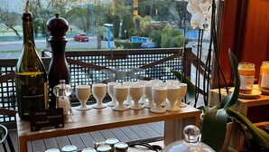 A kitchen counter with condiments, a stove, and a view of the street. - Ermitage de l'Oasis & Spa - Cannes Mandelieu (Mandelieu-La-Napoule)