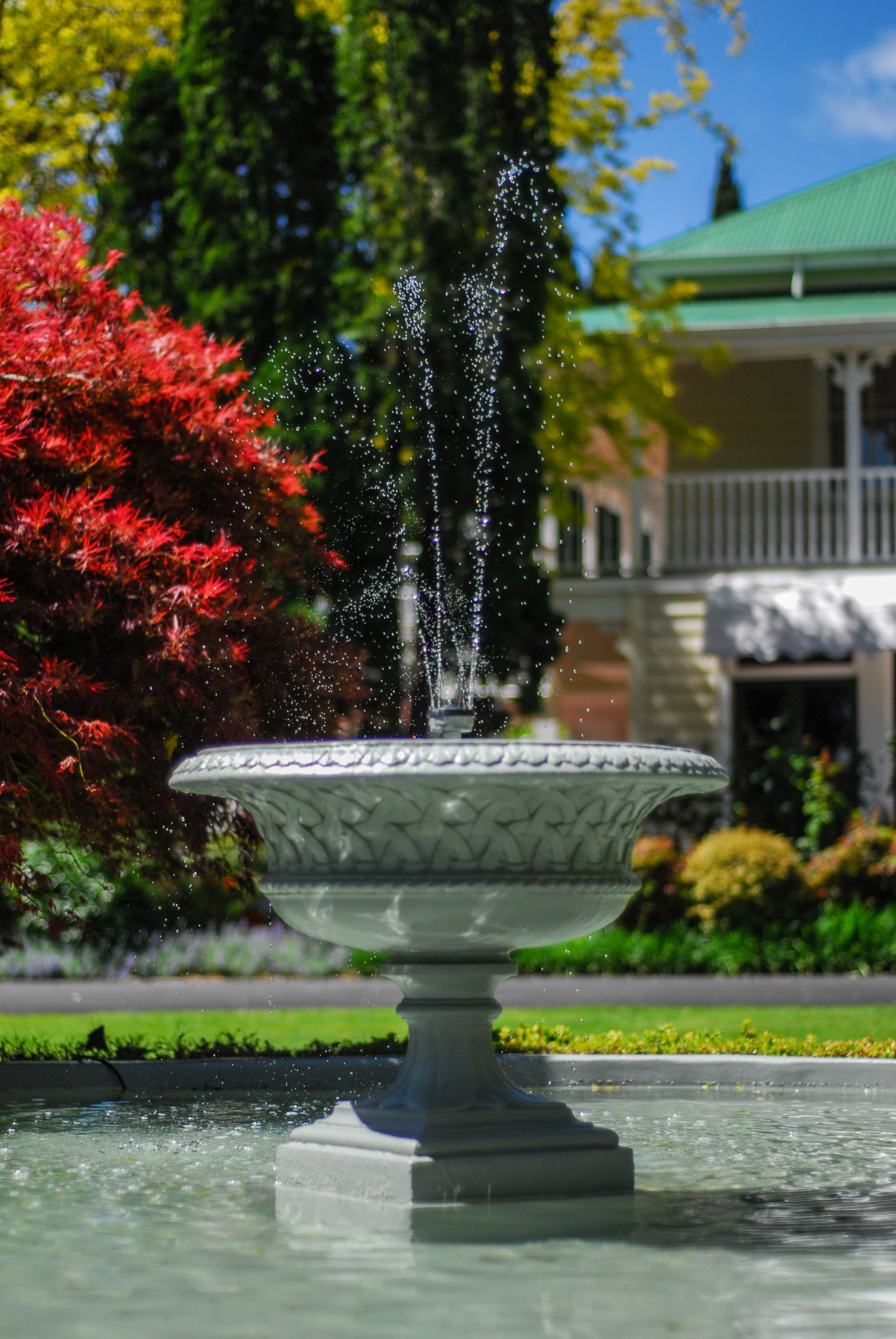 A fountain with water jets in a garden setting.