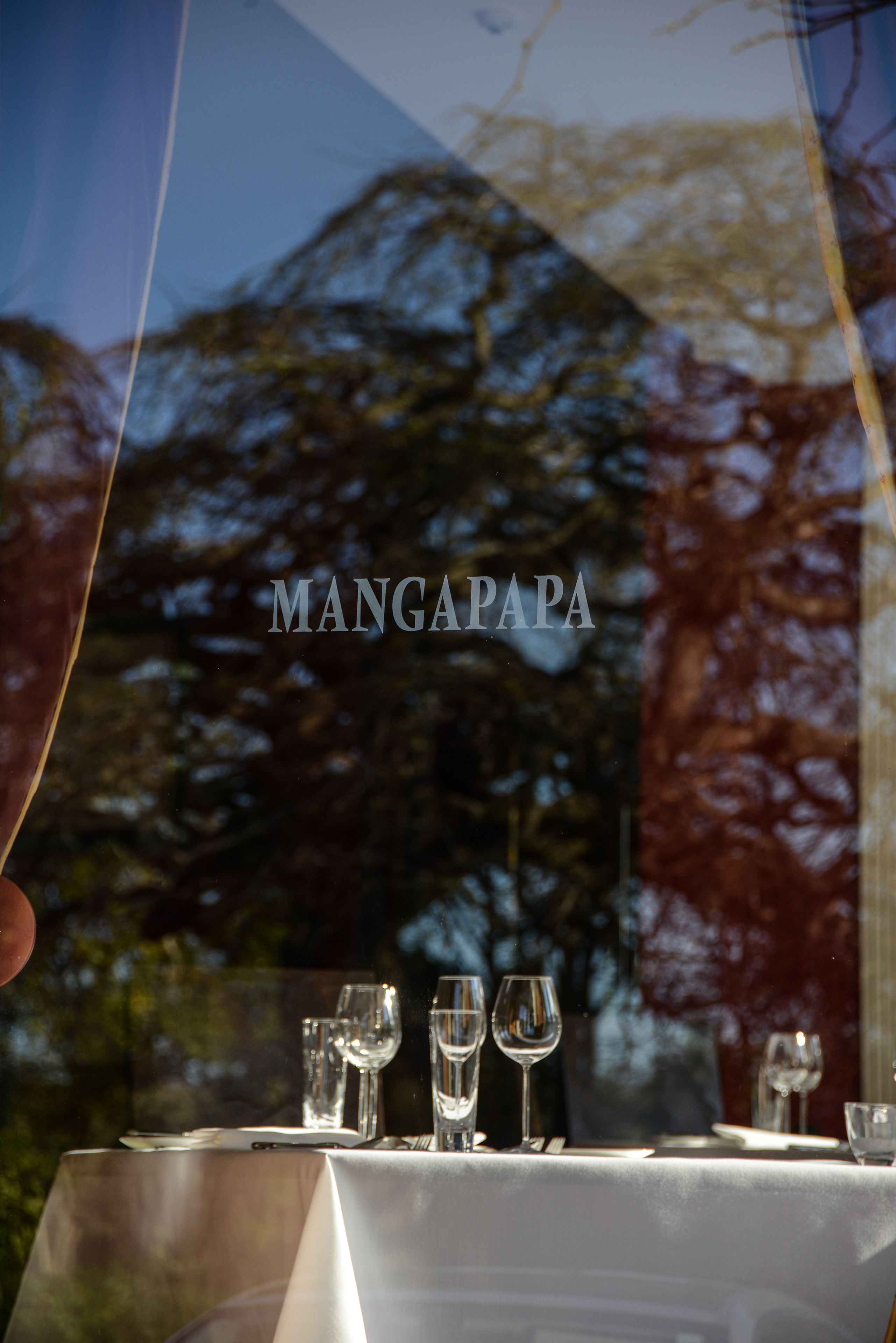 A table set with glasses and cutlery, with a view of trees through a window.