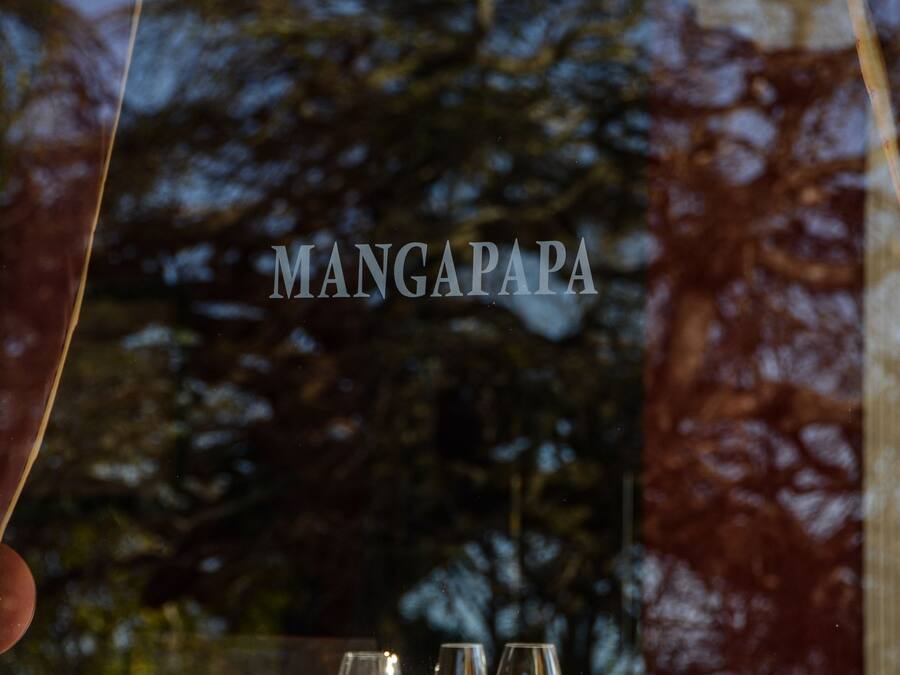 A table set with glasses and cutlery, with a view of trees through a window.