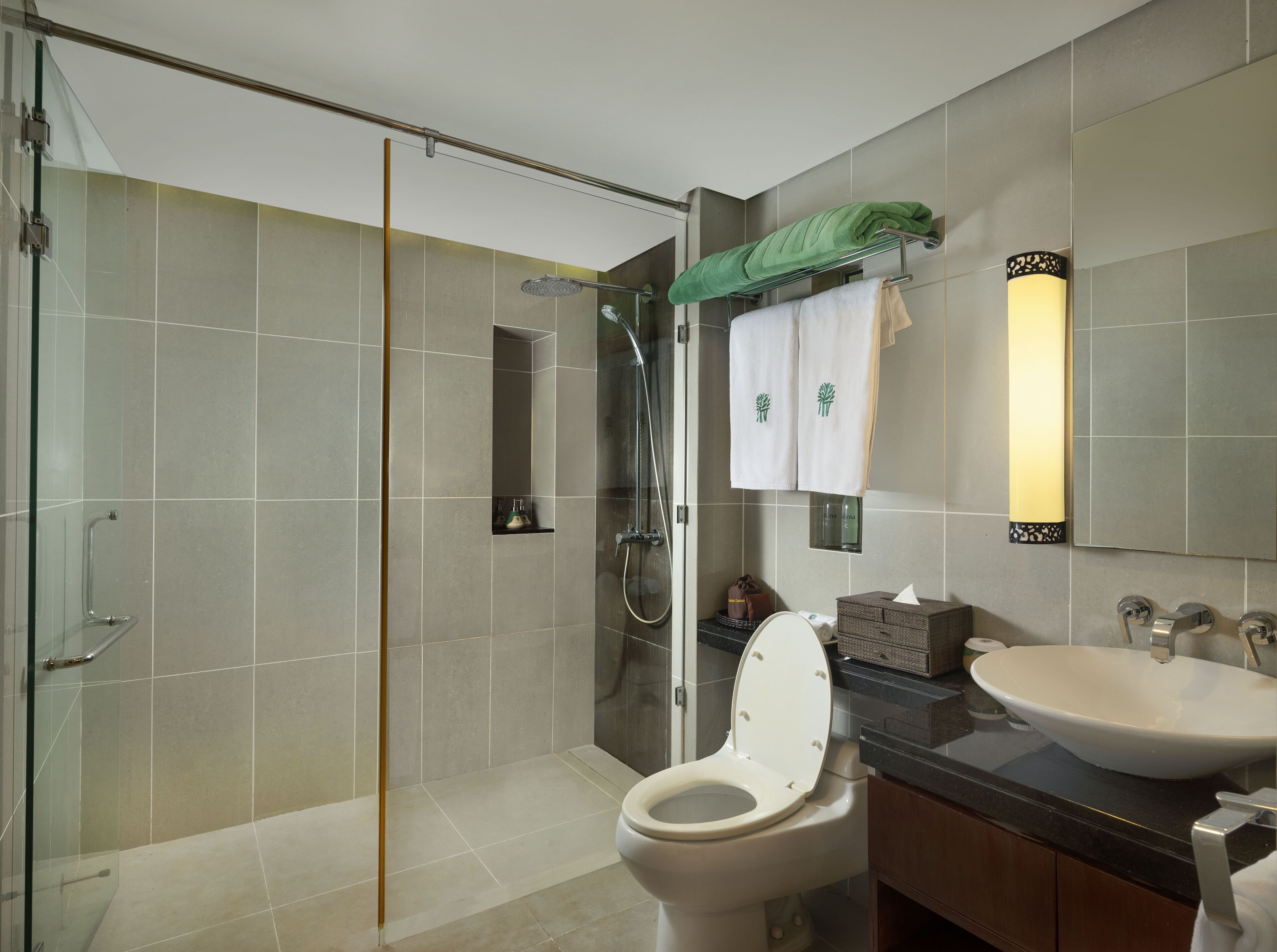 A modern bathroom with a glass-enclosed shower, a white toilet, and a sink with a mirror above it.