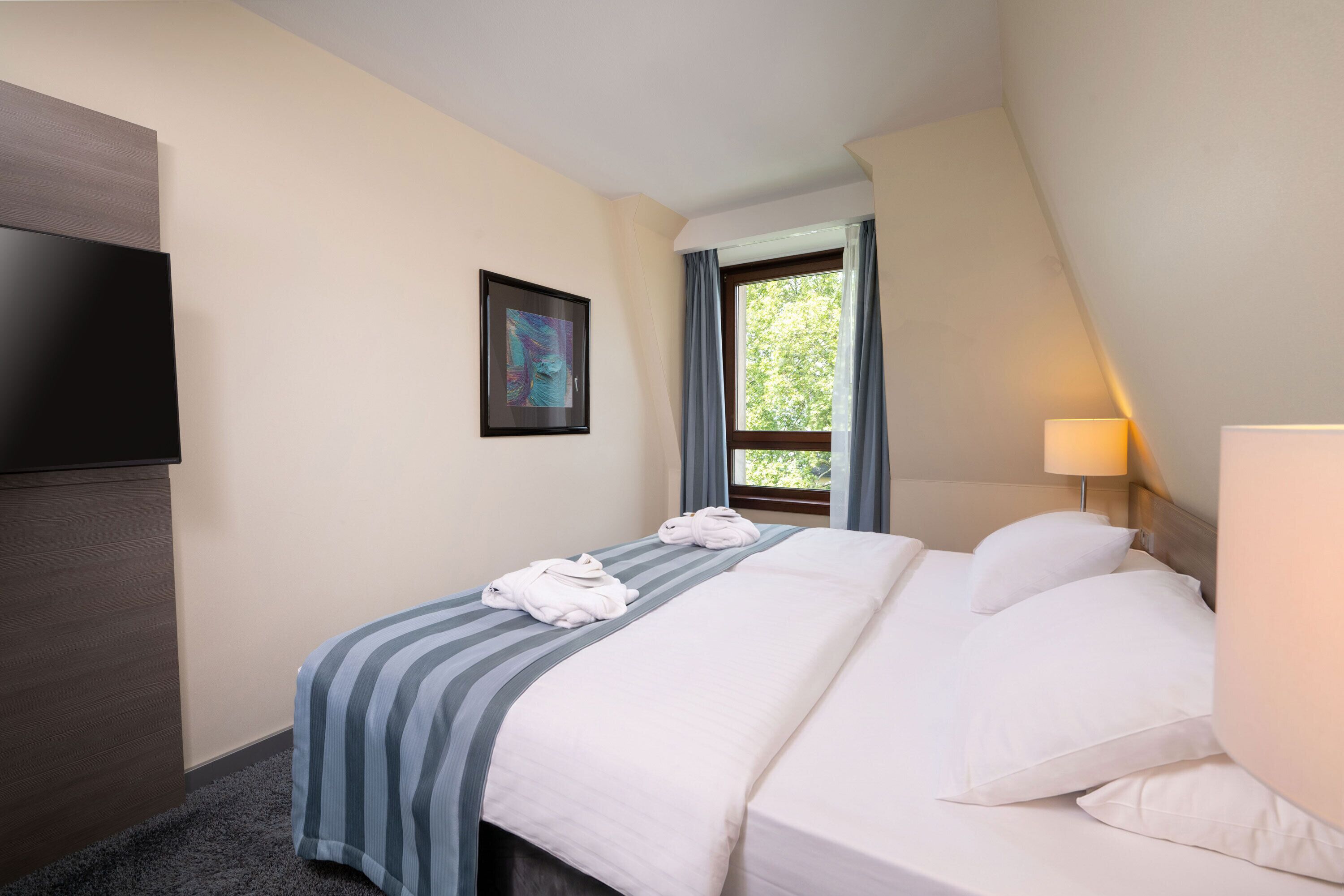 Habitación de hotel con cama, televisor, ventana con cortinas e imagen enmarcada en la pared.